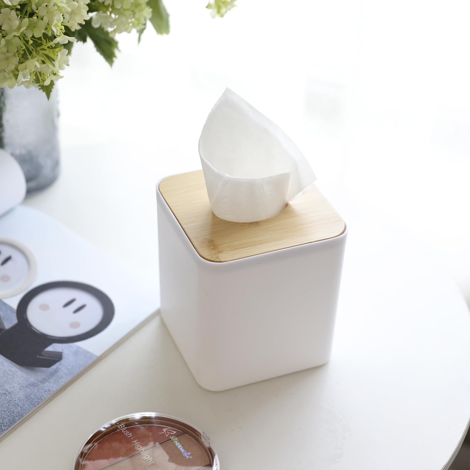 White Square Tissue Box Cover - Bamboo Facial Cube Holder for Bathroom Vanity, Countertop & Bedroom Dresser | Stylish Storage Solution for Home & Office