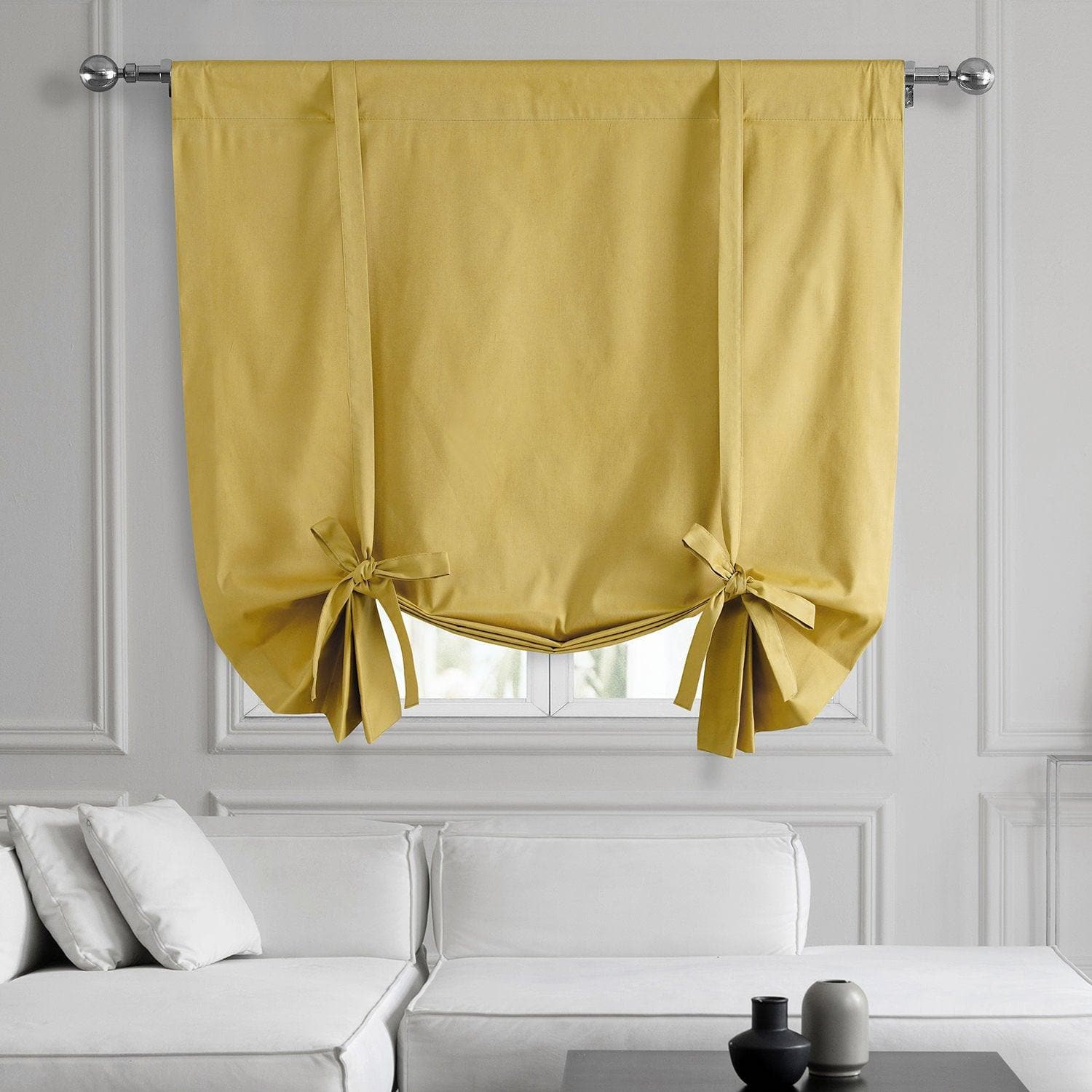 Light Ochre Solid Cotton Blackout Tie-Up Window Shade - Room Darkening Curtain for Bedroom, Nursery & Home Theater - Thermal Insulated Window Treatment for Privacy & Light Control