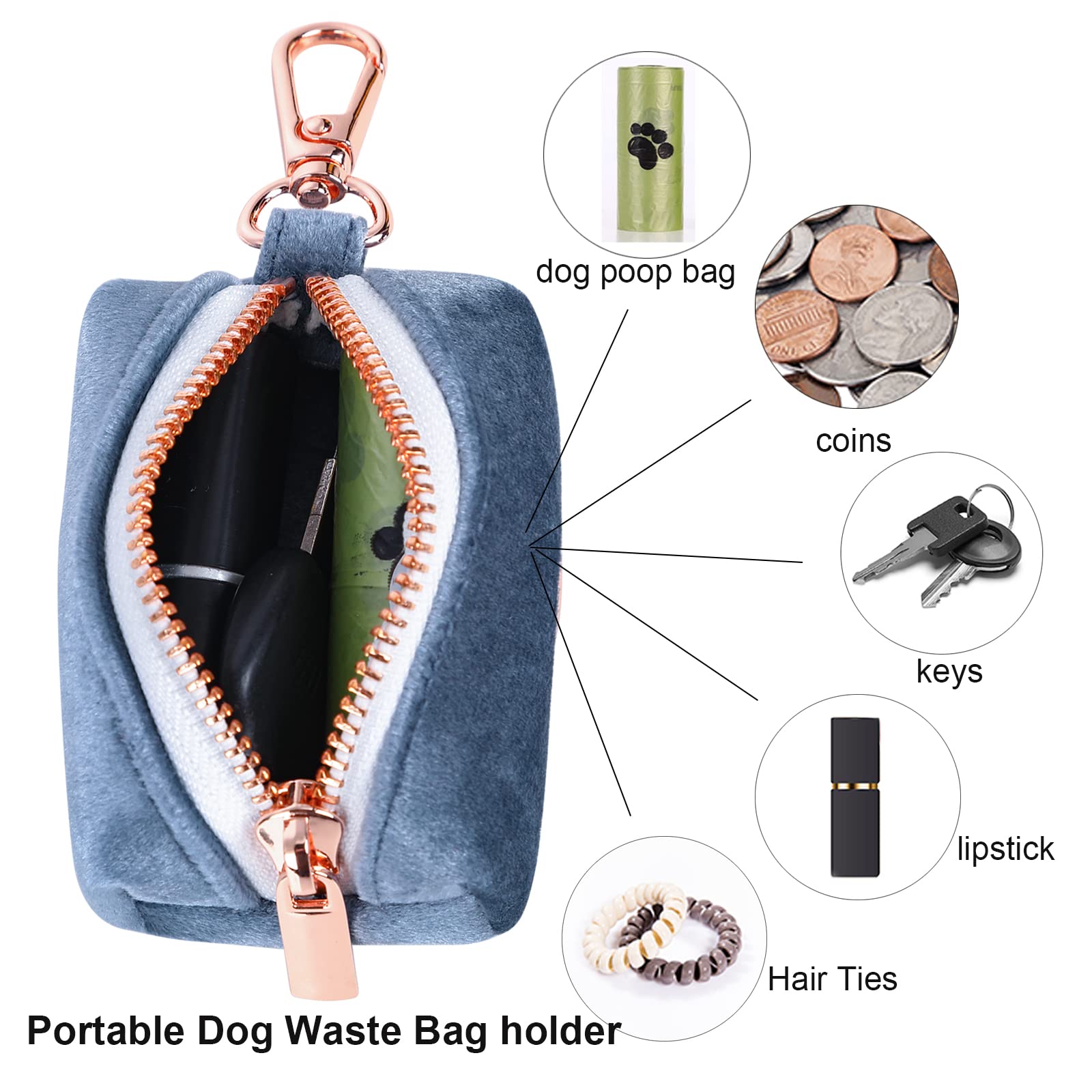ARING PET Velvet Dog Waste Bag Dispenser - Cute Blue Poop Bag Holder for Leashes, Portable & Washable Pet Waste Pouch with Metal Zipper - Perfect for Walking Dogs, Park Visits & Outdoor Adventures