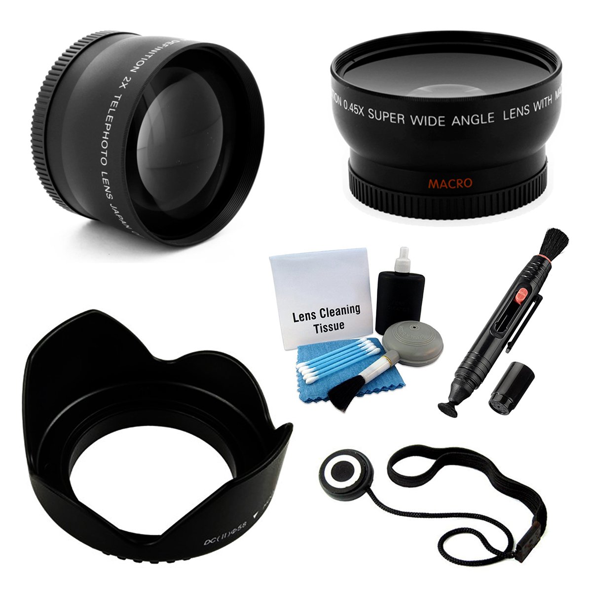 UltraPro 58mm Lens Kit for Nikon DSLR Cameras - 2X Telephoto Lens & 0.45x HD Wide Angle Lens with Macro | Includes Flower Tulip Hood, Cleaning Pen, Cap Keeper & Deluxe Cleaning Kit | Perfect for Travel, Wildlife & Portrait Photography