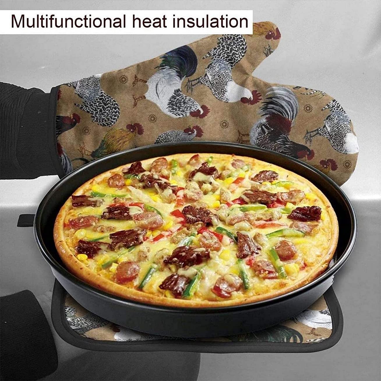 Rooster and Chicken Print Heat Resistant Oven Mitt and Pot Holder Set of 2 - Durable Kitchen Potholders for Baking, Grilling, and Cooking