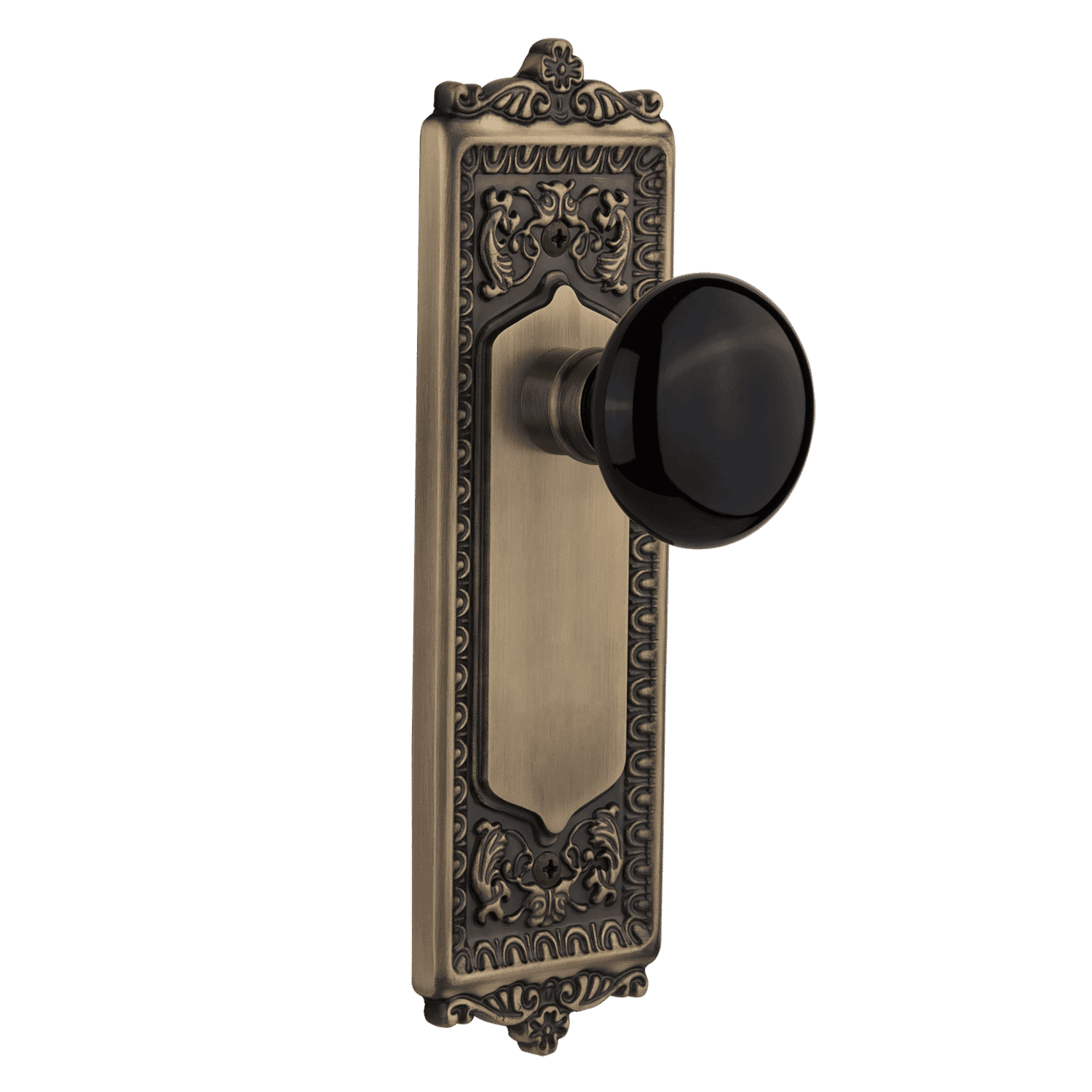 Antique Brass Egg & Dart Long Plate with Black Porcelain Knob - Elegant Cabinet Hardware for Vintage Kitchen & Bathroom Decor