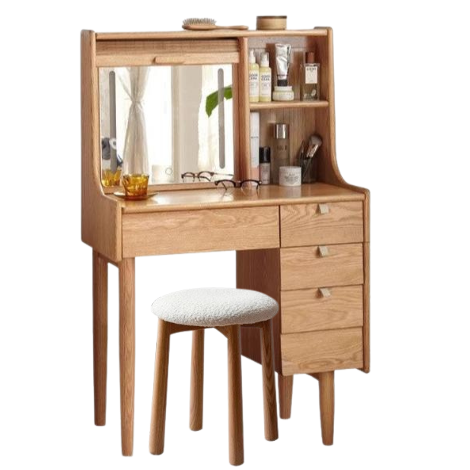 Solid Oak Wood Japanese Bamboo Curtain Dressing Table - Elegant Vanity Desk for Bedroom, Living Room, or Home Office Decor