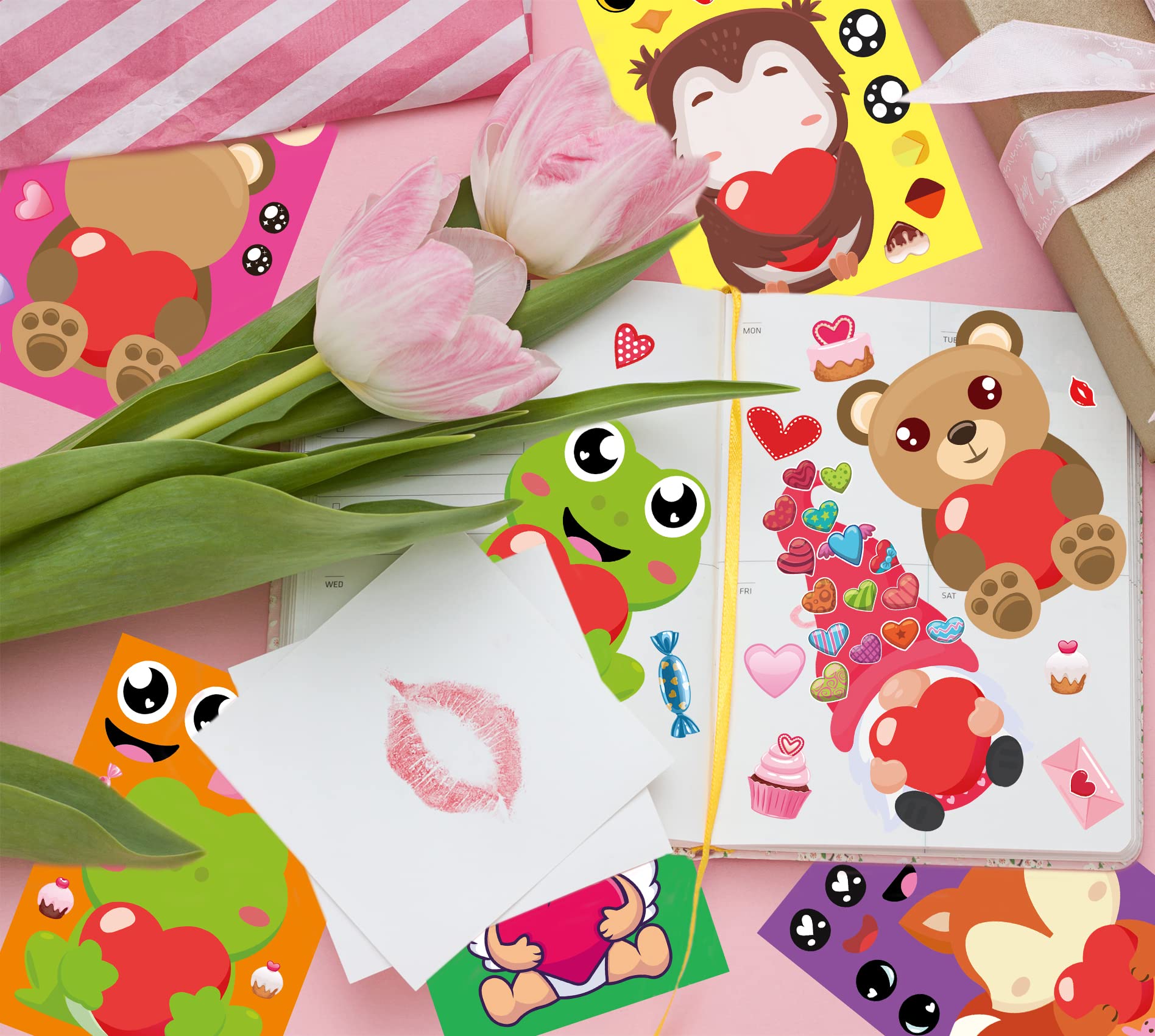 Valentine's Day Stickers for Kids - 36PCS DIY Make a Face Stickers with Heart Mix, Fun Animal Stickers for Valentine's Day Crafts, Classroom Activities & Party Favors | Perfect for School Projects, Gift Wrapping & Holiday Decorations