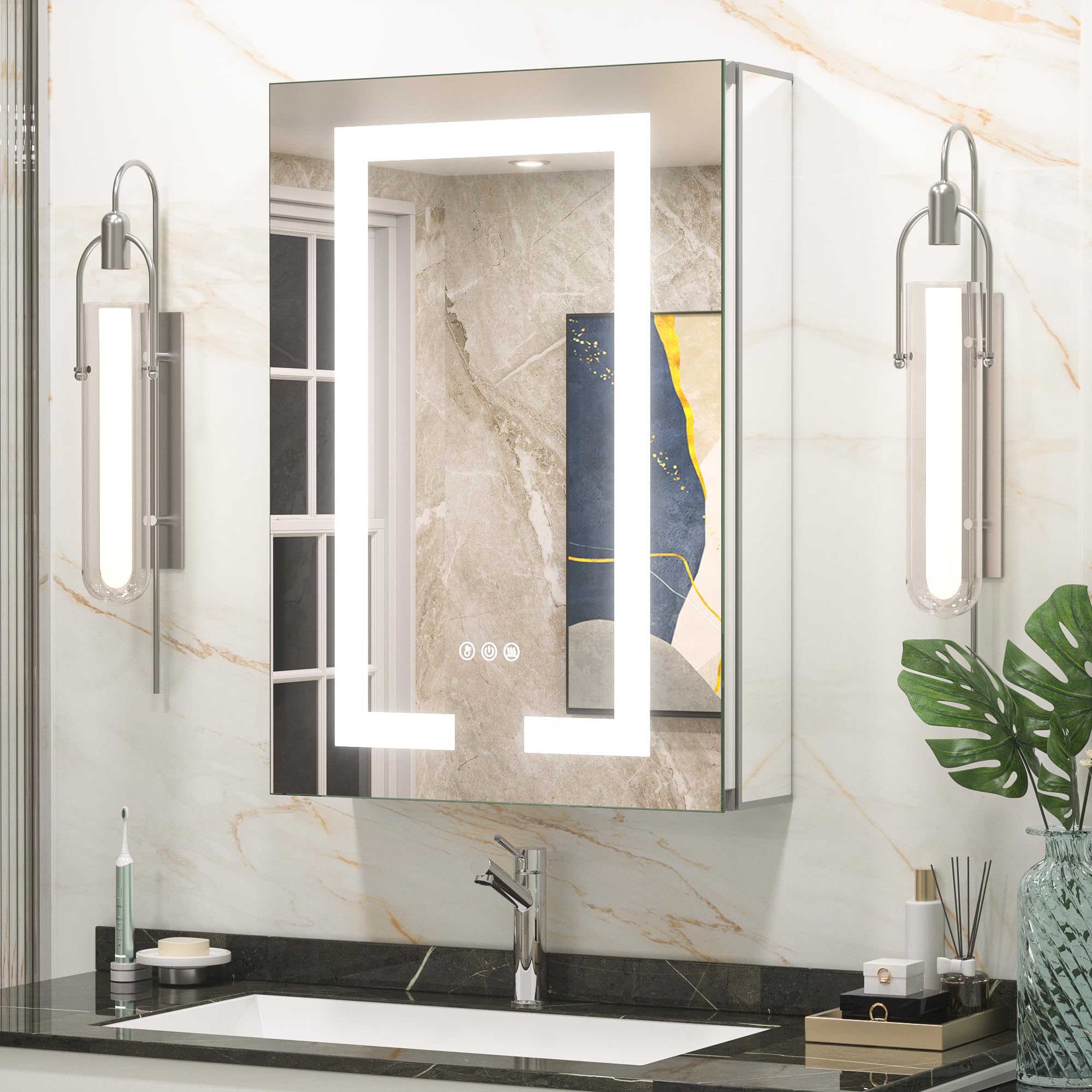 16x24 Inch LED Bathroom Medicine Cabinet with Outlet & Anti-Fog Mirror - Dimmable 3-Color Lighting, Tempered Glass, Front Lit Storage Mirror - Perfect for Modern Bathrooms, Vanities & Small Spaces