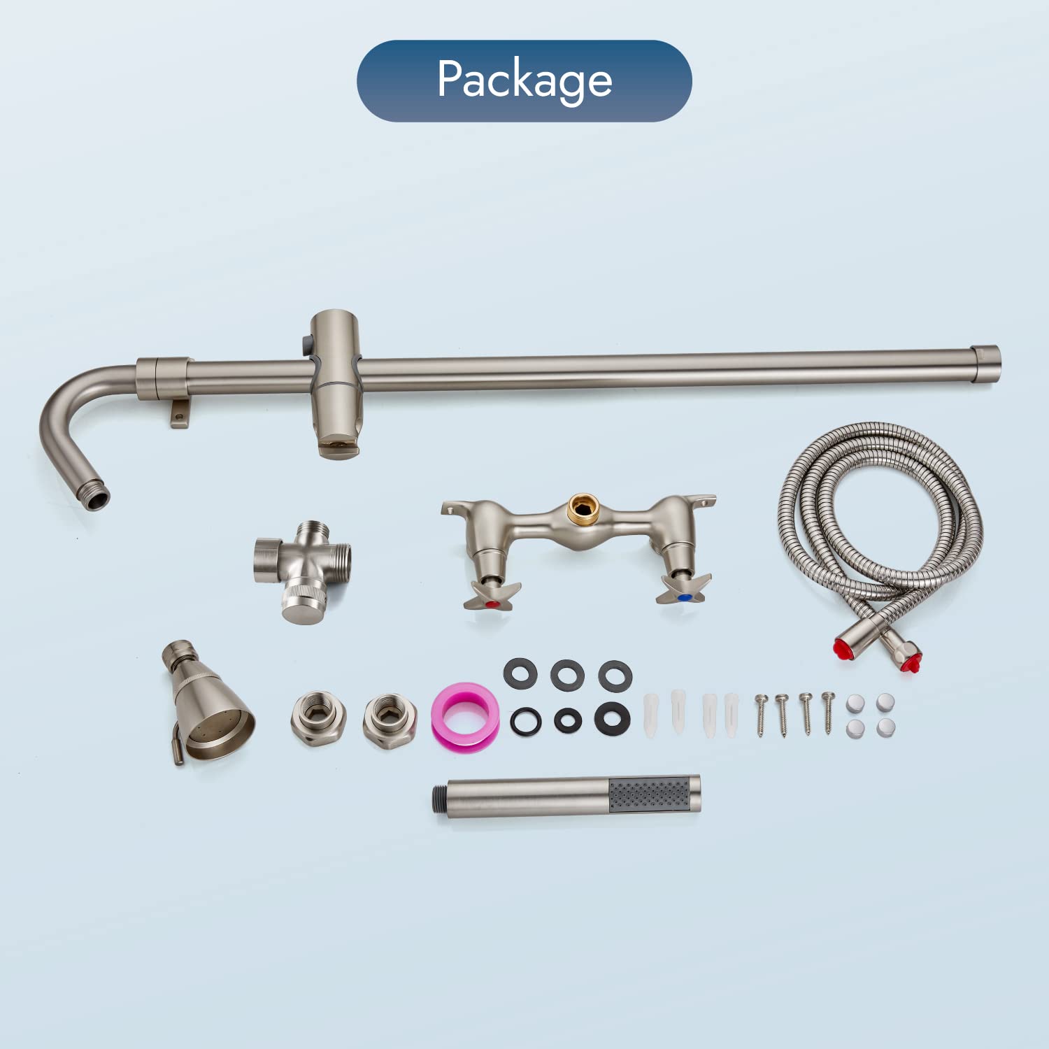 Brushed Nickel Wall Mounted Exposed Shower Fixtures with Handheld Shower Head - Outdoor Shower Kit with 2 Cross Handles & Adjustable Slide Bar - Dual Function Shower Faucet for Bathroom, Poolside, and Garden Use