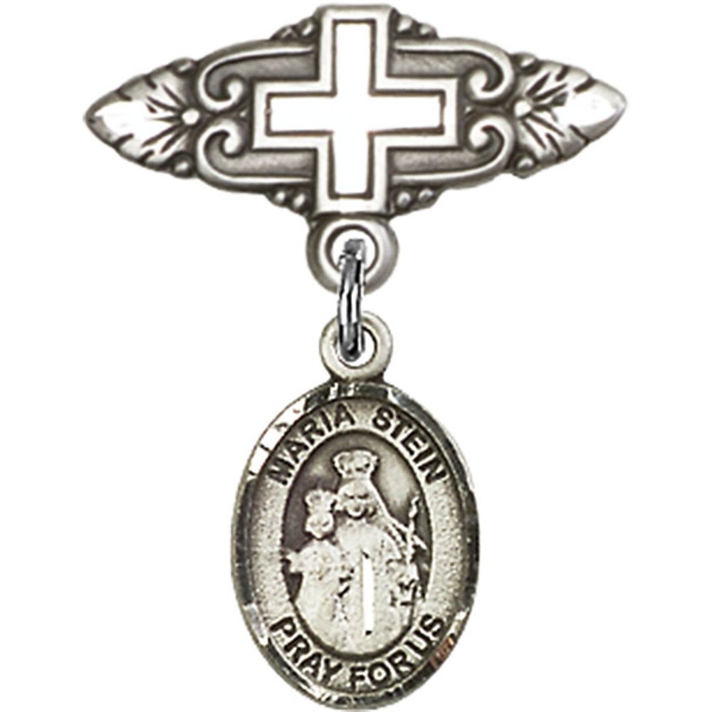1 X 3/4 Inch Sterling Silver Baby Badge with Maria Stein Charm & Cross Pin - Perfect for Baptism Gifts, Christening Jewelry & First Communion Keepsakes