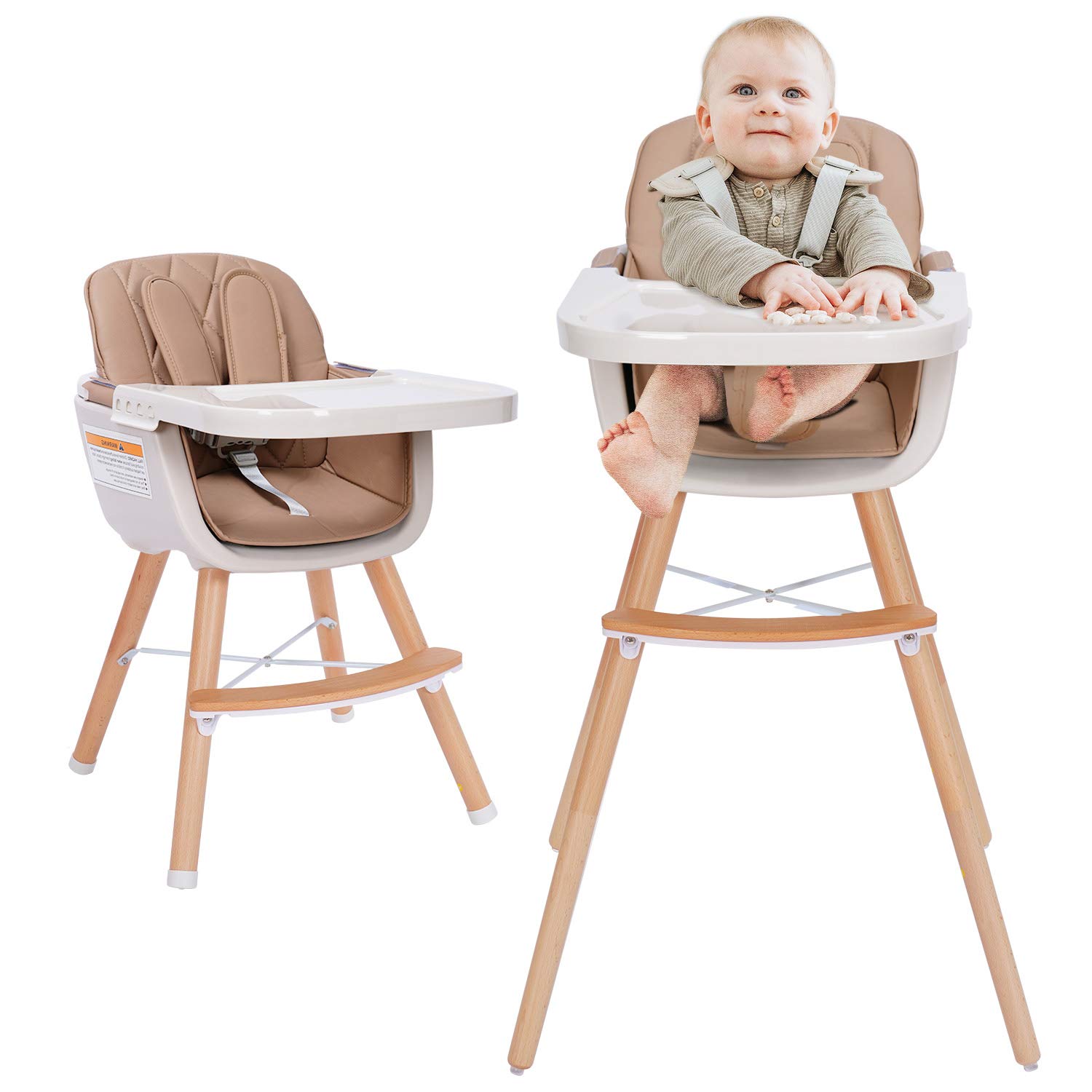 3-in-1 Convertible Wooden High Chair for Babies & Toddlers | Adjustable Height & Dishwasher-Safe Tray | Premium Hardwood & Leatherette | Brown | Perfect for Dining, Feeding & Learning Activities