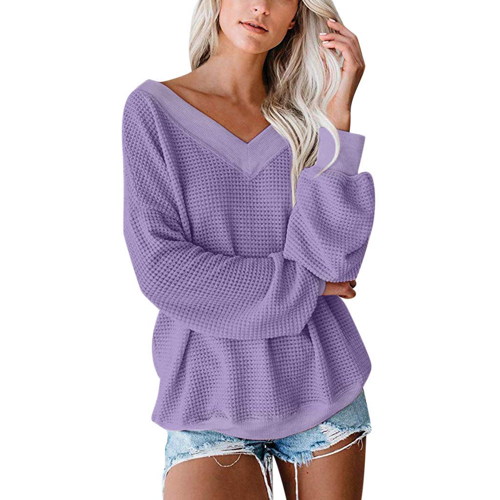 WOCACHI Women's Off Shoulder V-Neck Pullover Sweater - Solid Color Waffle Knit Long Sleeve Loose Jumper Top for Casual Wear, Date Night & Fall Outfits
