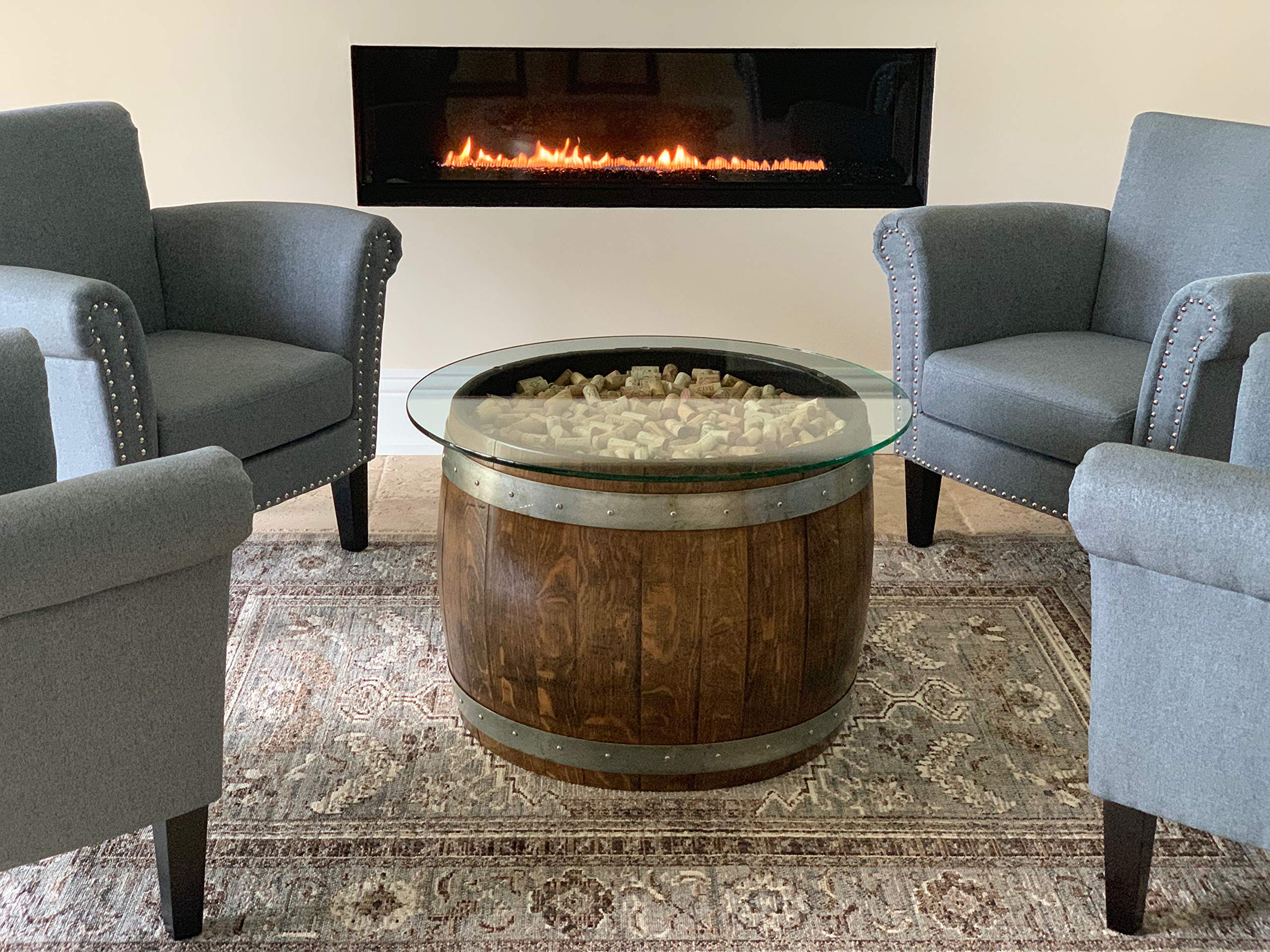 Rustic Wine Barrel Coffee Table with Cork & Glass Top - Multiple Finish Options | Perfect for Farmhouse, Industrial & Vintage Home Decor