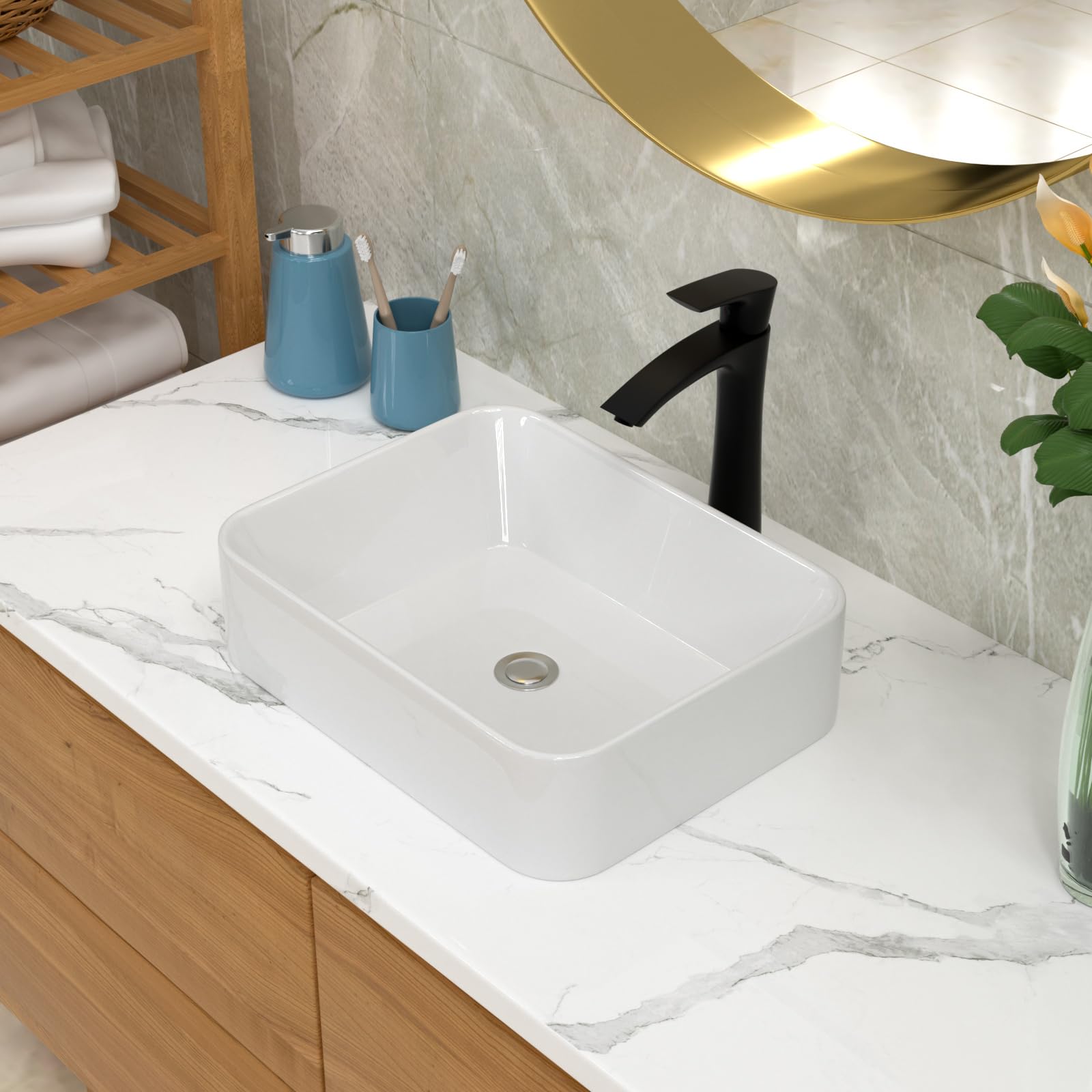Lordear 19x15 Inch White Ceramic Porcelain Vessel Sink with Matte Black Single Handle Faucet - Above Counter Rectangular Bathroom Sink Combo for Modern & Contemporary Vanities
