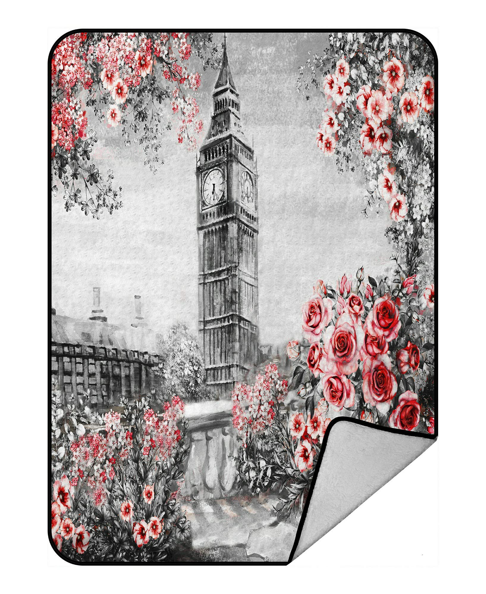 ECZJNT London Summer Cityscape Floral Rose Leaf Fleece Throw Blanket - Soft Plush Blanket 58x80 Inches for Sofa, Bed, Picnic & Outdoor Use