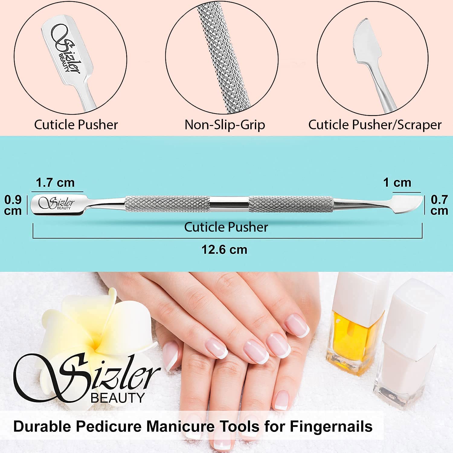 Premium Stainless Steel Dual Head Cuticle Pusher & Nail Art Tool - Double-Ended Manicure Instrument for UV Gel Polish Removal & Cuticle Trimming by Sizler Beauty | Perfect for Salon Professionals & At-Home Nail Care