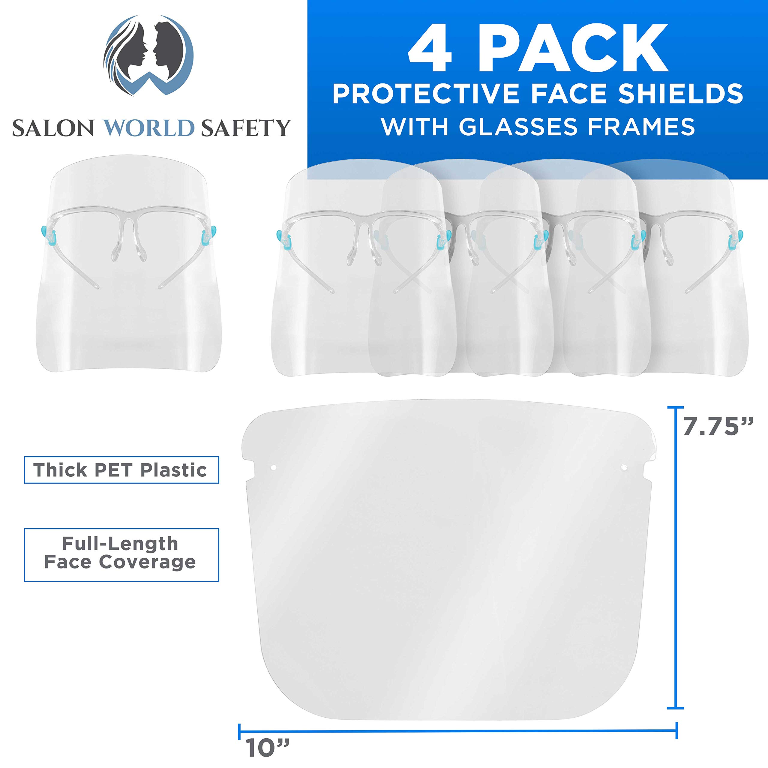 TCP Global Salon World Safety Face Shields with Glasses Frames (4-Pack) - Ultra Clear Full Face Protection Shield for Eyes, Nose & Mouth - Anti-Fog PET Plastic Splash Guard for Salon, Healthcare & Food Service Workers
