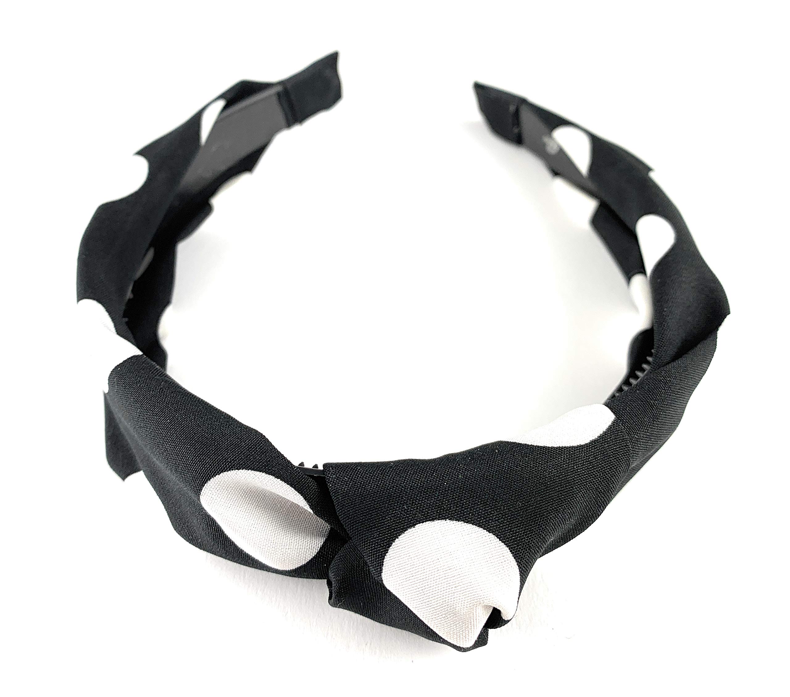 Black and White Turban Knot Headband with Polka Dot Pattern - Non-Slip Fabric Hair Band with Teeth Grip - Perfect for Yoga, Workouts, and Everyday Fashion Accessory