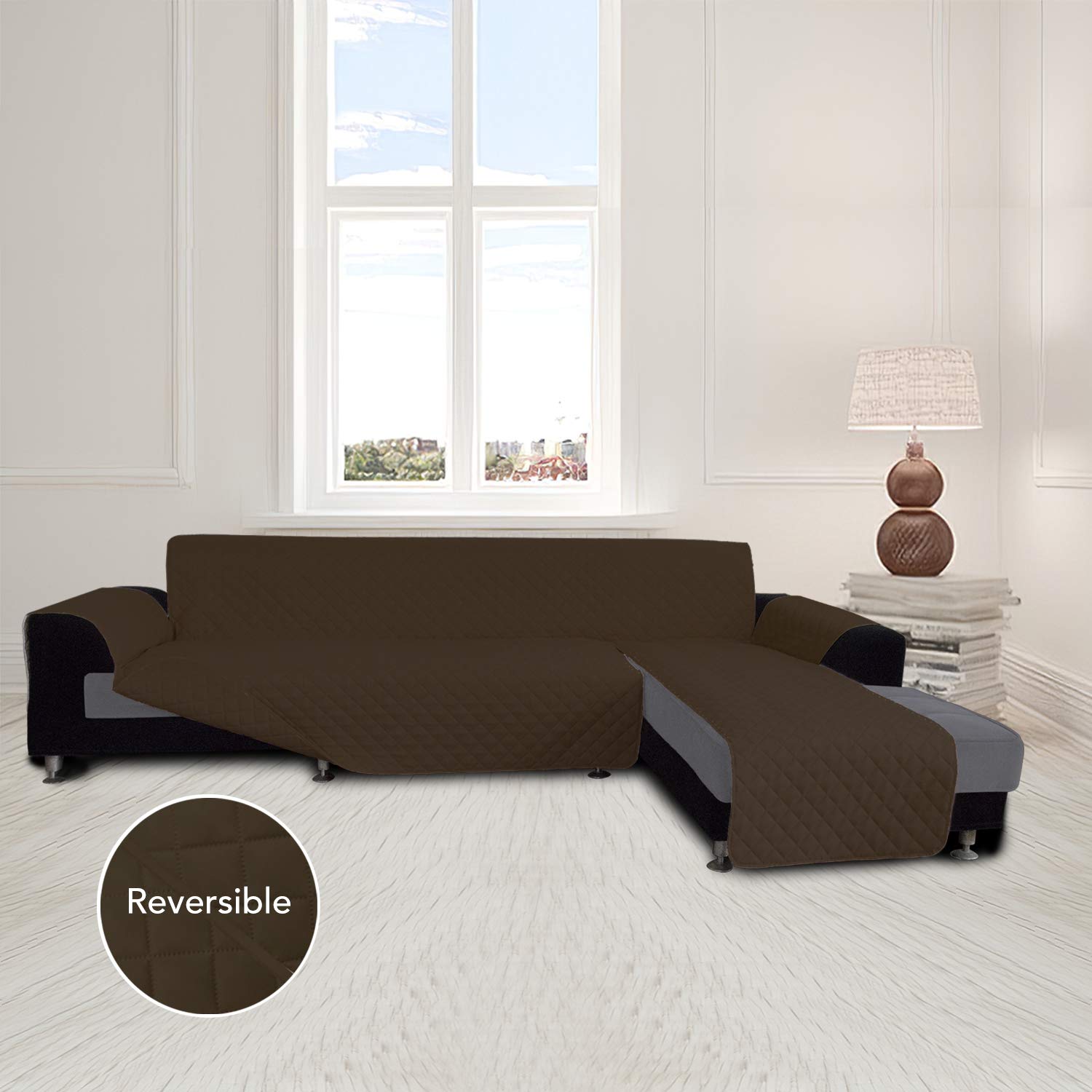 Reversible L-Shaped Sofa Slipcover - XL Sectional Couch Cover with Chaise Lounge, Pet-Friendly Furniture Protector (Coffee Brown) for Living Room, Family Room & Home Theater