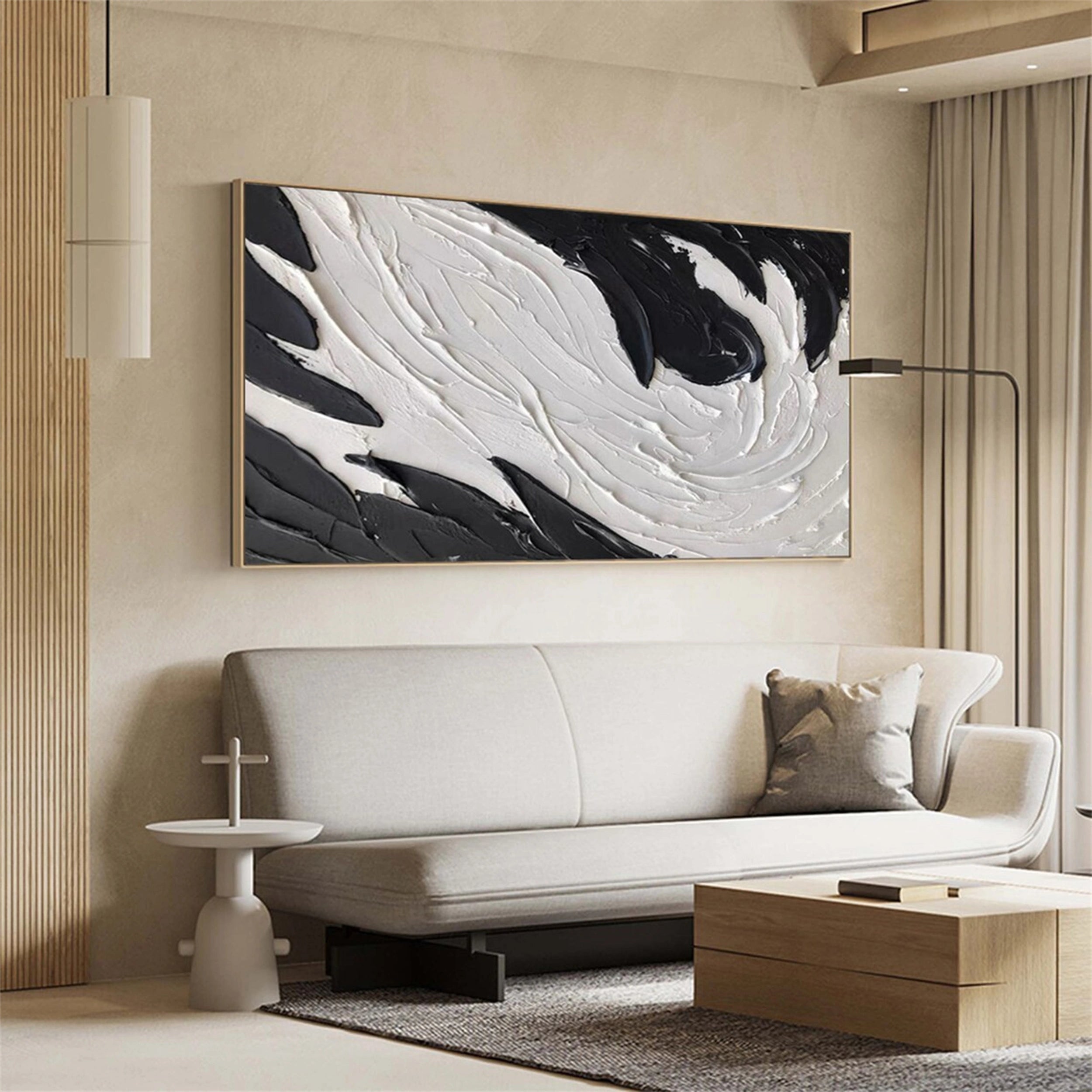 Modern White & Black Abstract Textured Canvas Wall Art - Large Contemporary Home Decor for Living Room, Bedroom, Office | Framed Ready to Hang Painting #MM133