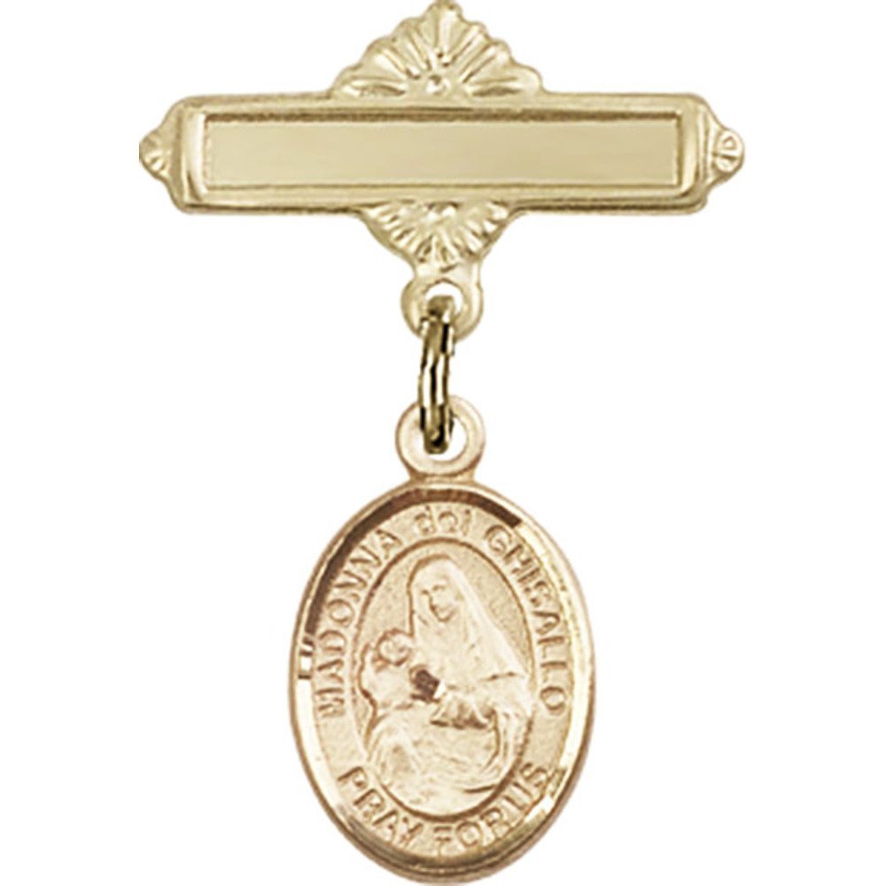 Gold Filled Baby Badge with St. Madonna Del Ghisallo Charm - 1 X 5/8 Inch Polished Pin for Christening, Baptism & Newborn Gifts - Perfect for Keepsakes, Jewelry Making & Baby Accessories
