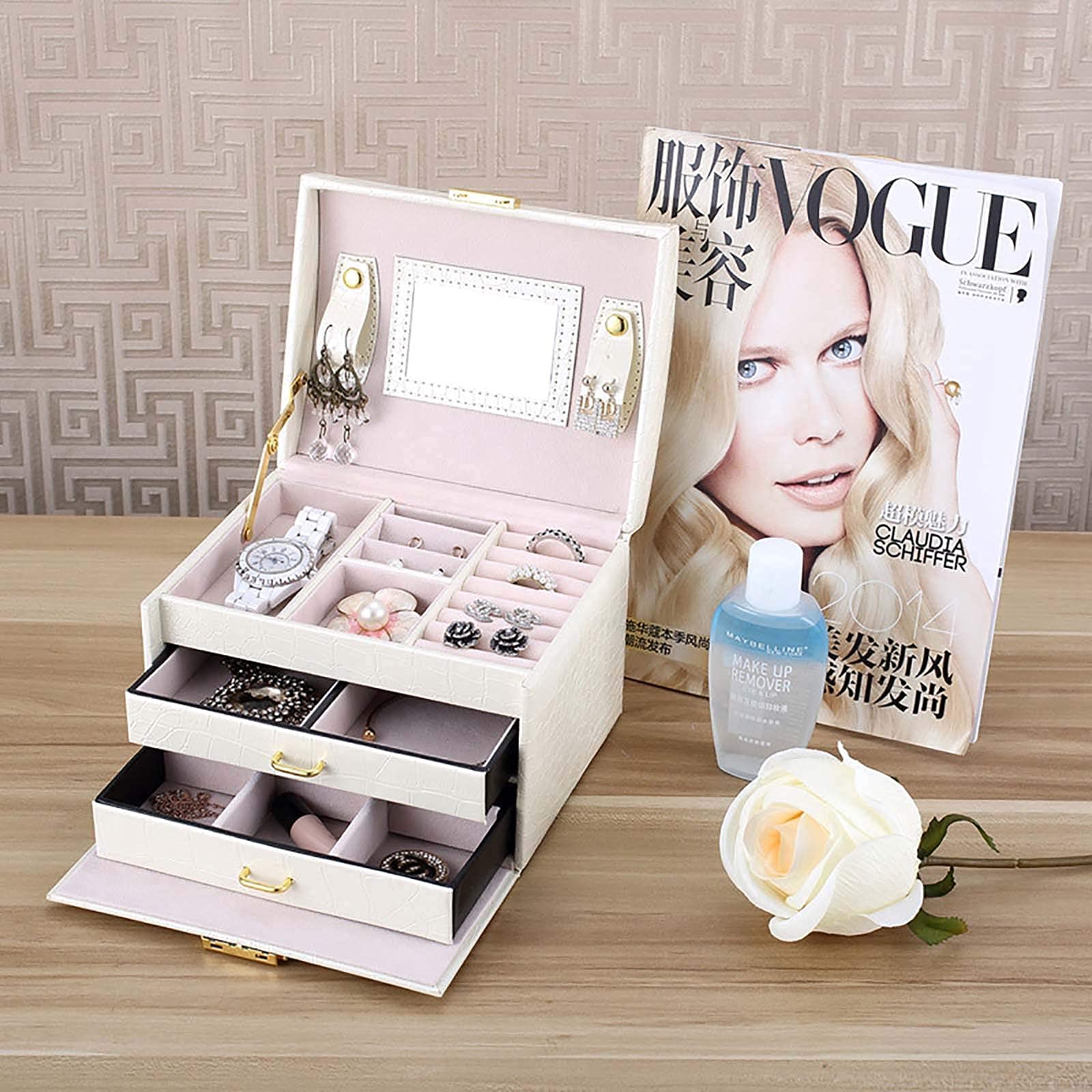 Premium PU Leather Jewelry Box with Mirror & Lock - 2 Drawers & 3 Layers Velvet Organizer for Rings, Bracelets, Earrings, Necklaces - Perfect Gift for Women - Ideal for Travel, Home Storage & Wedding Accessories (White)