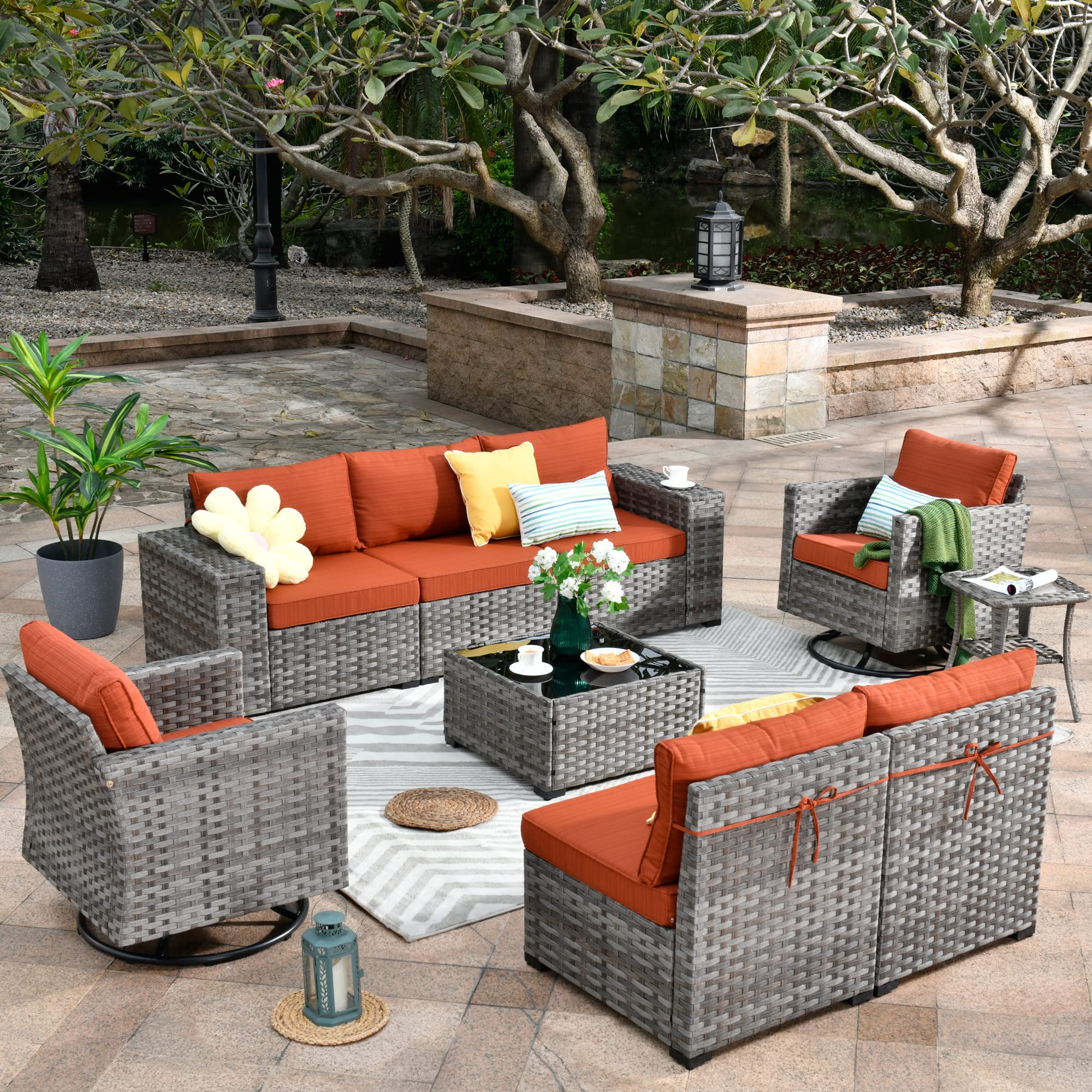 **9-Piece Modern Outdoor Patio Sectional Sofa Set with Swivel Rocking Chairs & Widened Armrests - Modular Wicker Conversation Seating for Garden, Backyard, or Poolside (Orange Red) - Perfect for Relaxing & Entertaining**