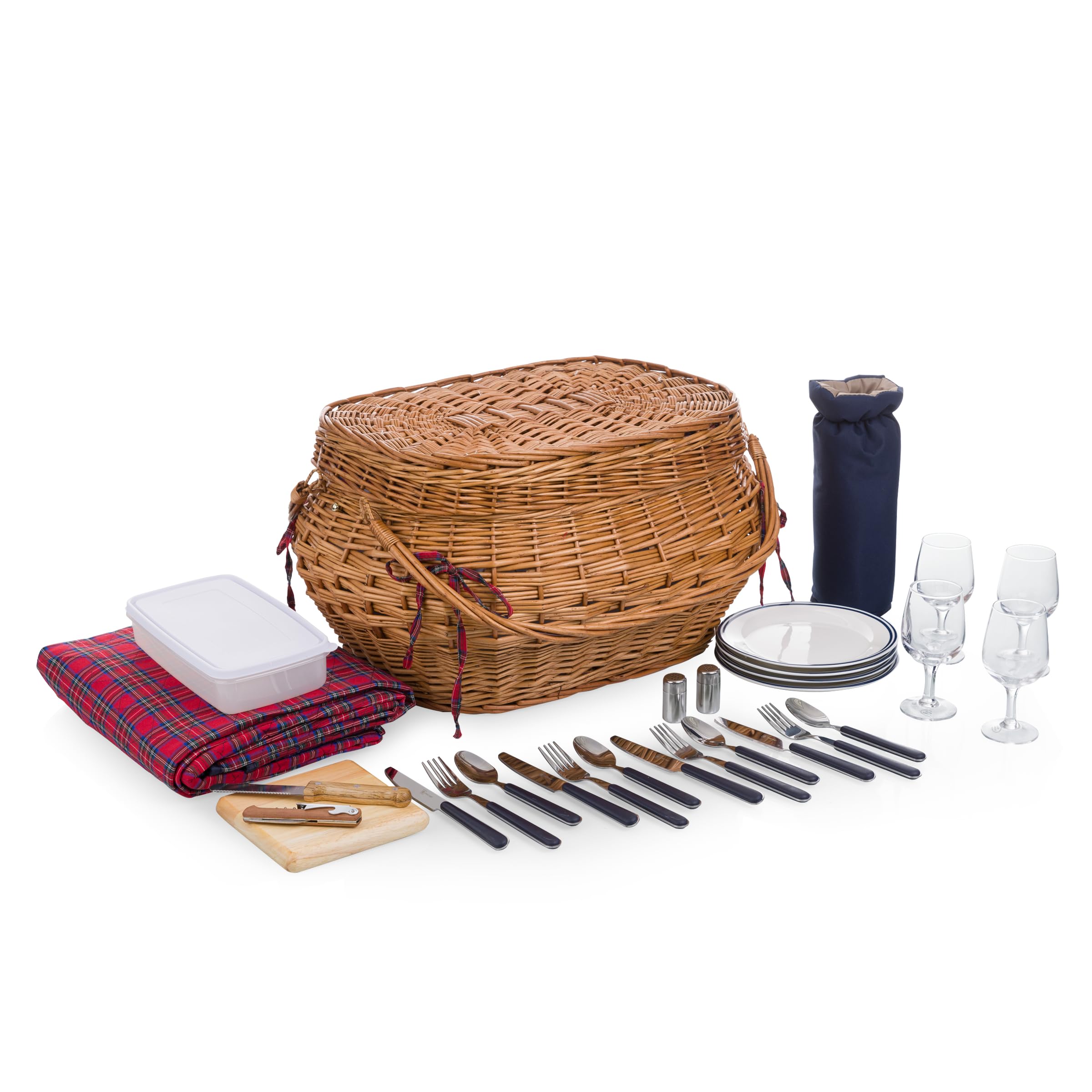 Highlander Picnic Basket with Red & Blue Tartan Pattern - Insulated Outdoor Picnic Hamper for Camping, Beach, Park & Romantic Dates