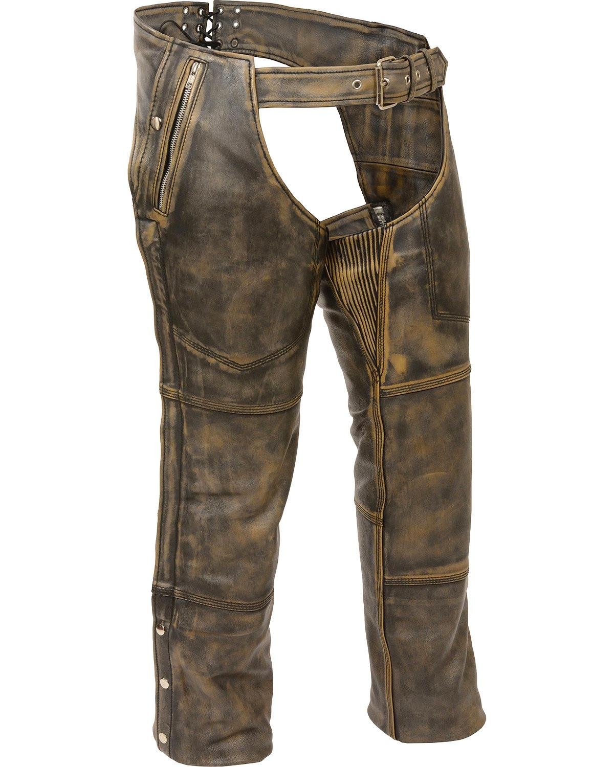 Milwaukee MLM5500 Men's Distressed Brown Leather Chaps with Removable Thermal Liner - Winter Motorcycle Riding Gear for Cold Weather Protection