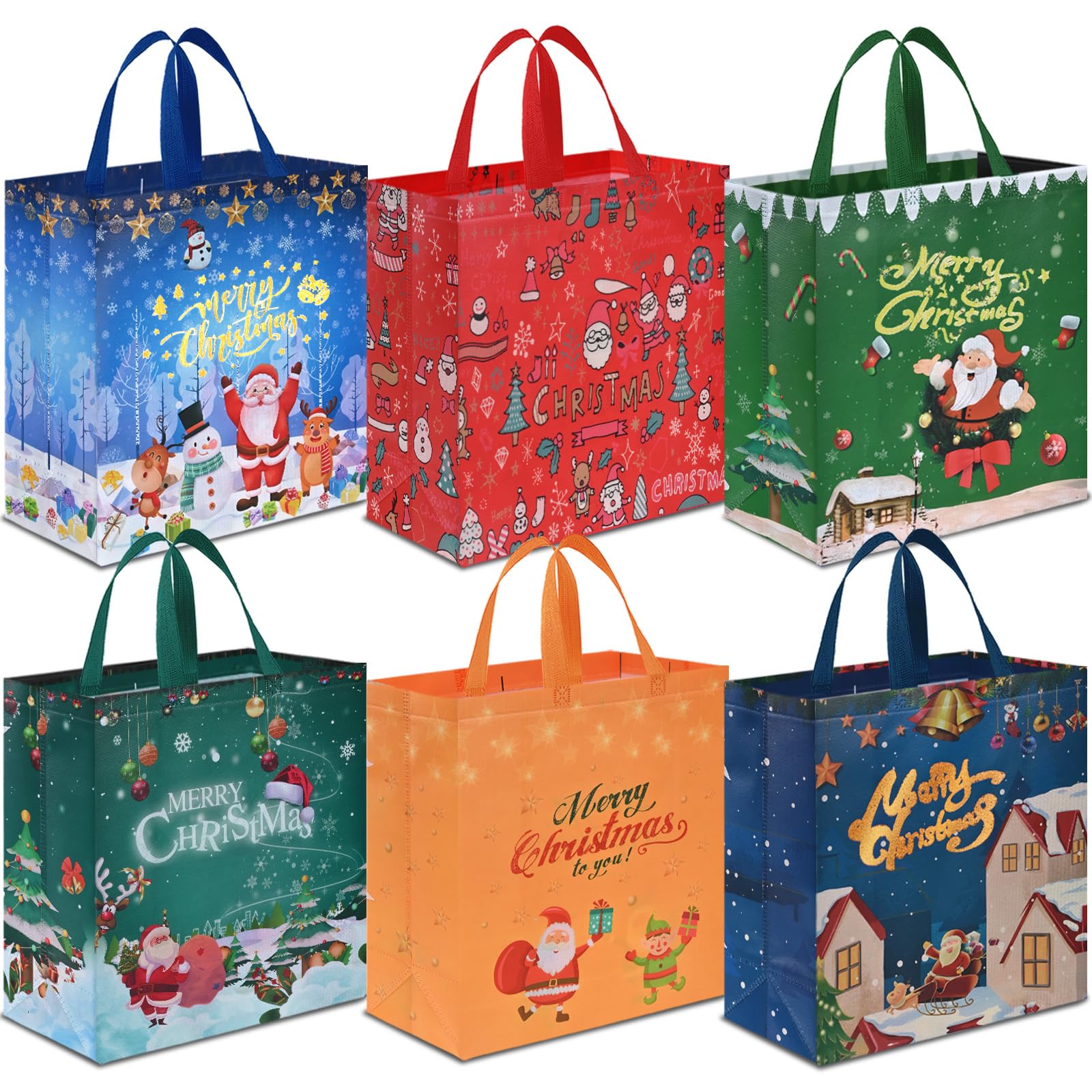 AhfuLife 6PCS Large Christmas Gift Bags with Handles - Xmas Party Decor & Shopping Bags for Holiday Gifting