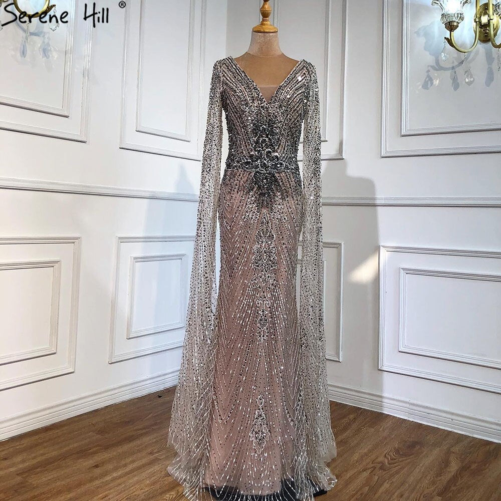 Serene Hill Luxury Grey Lace Elegant Mermaid Evening Gown with Cape Sleeves - Women's Sexy Formal Dress for Prom, Wedding, Gala & Special Occasions