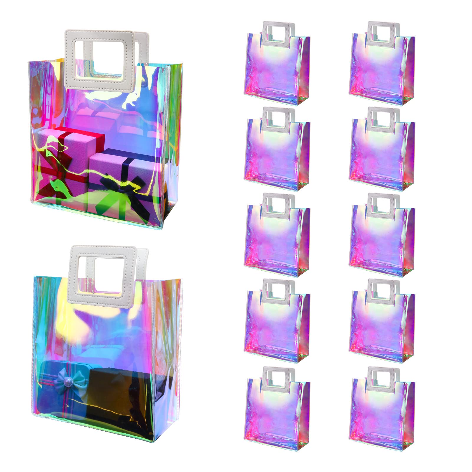 10-Pack Iridescent Holographic Reusable Gift Bags with Handles - 8.5x8.1x4.1 Inch Clear Christmas Birthday Wedding Party Favor Bags for Women - Perfect for Easter, Holiday Celebrations & Special Occasions
