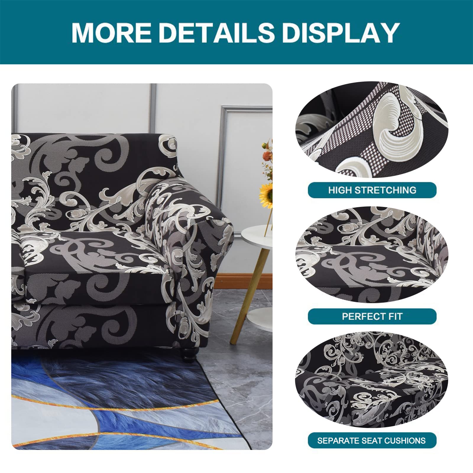 KRFOONN 4-Piece Stretch Sofa Covers for 3-Cushion Couches - Printed Washable Slipcover with 3 Separate Seat Covers - Furniture Protector for Pets & Kids (Large, 09) - Perfect for Living Room, Family Room & Pet-Friendly Homes
