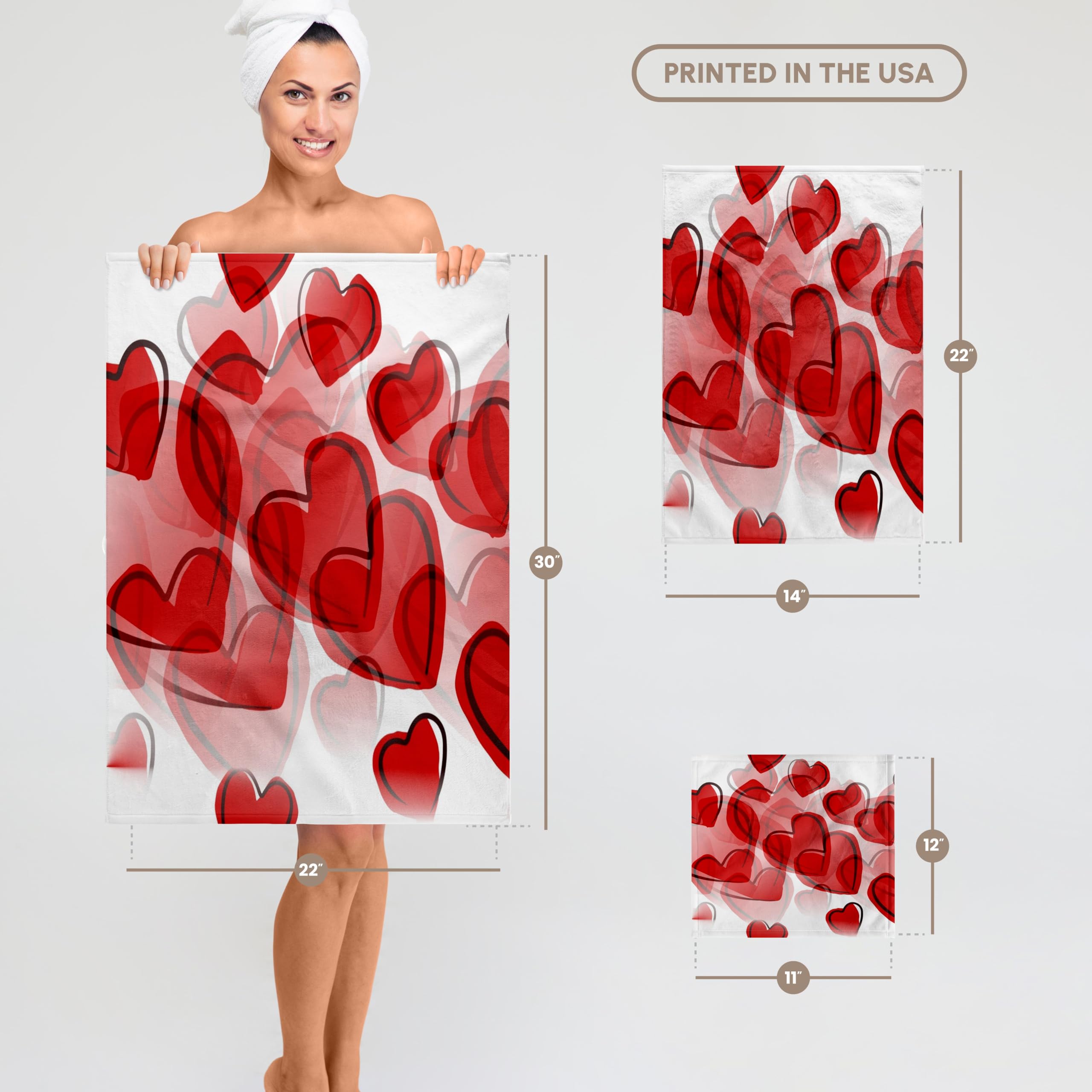 3D Rose 22x30 Inch Bath Hand Pool Towel - Valentine's Day Gift with Red Hearts Design - Soft Absorbent Towel for Spa, Beach, and Swimming Pool Use