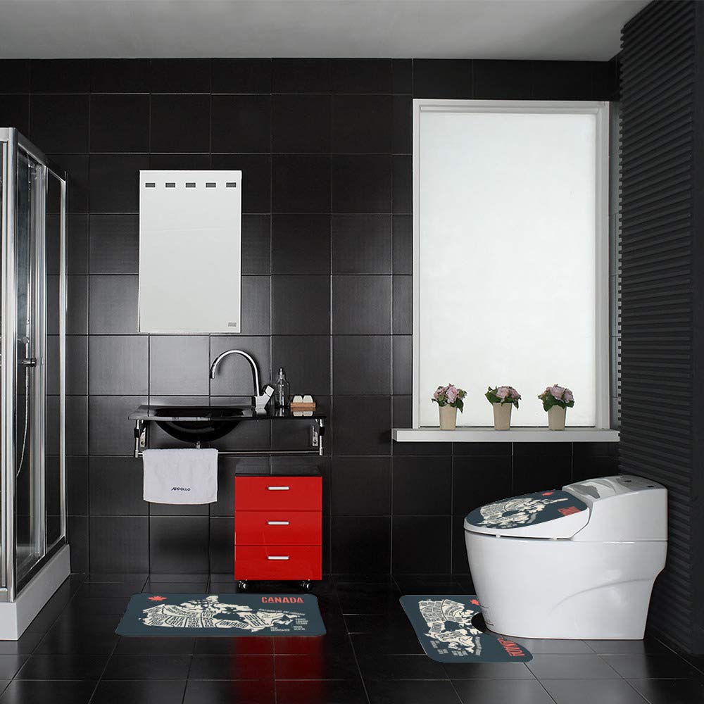 3-Piece Non-Slip Bathroom Rug Set - Soft Coral Fleece Toilet Mat, Contour Lid Cover & Shower Mat - Black Bathroom Decor for Canada (Perfect for Cozy Home & Guest Bathrooms)