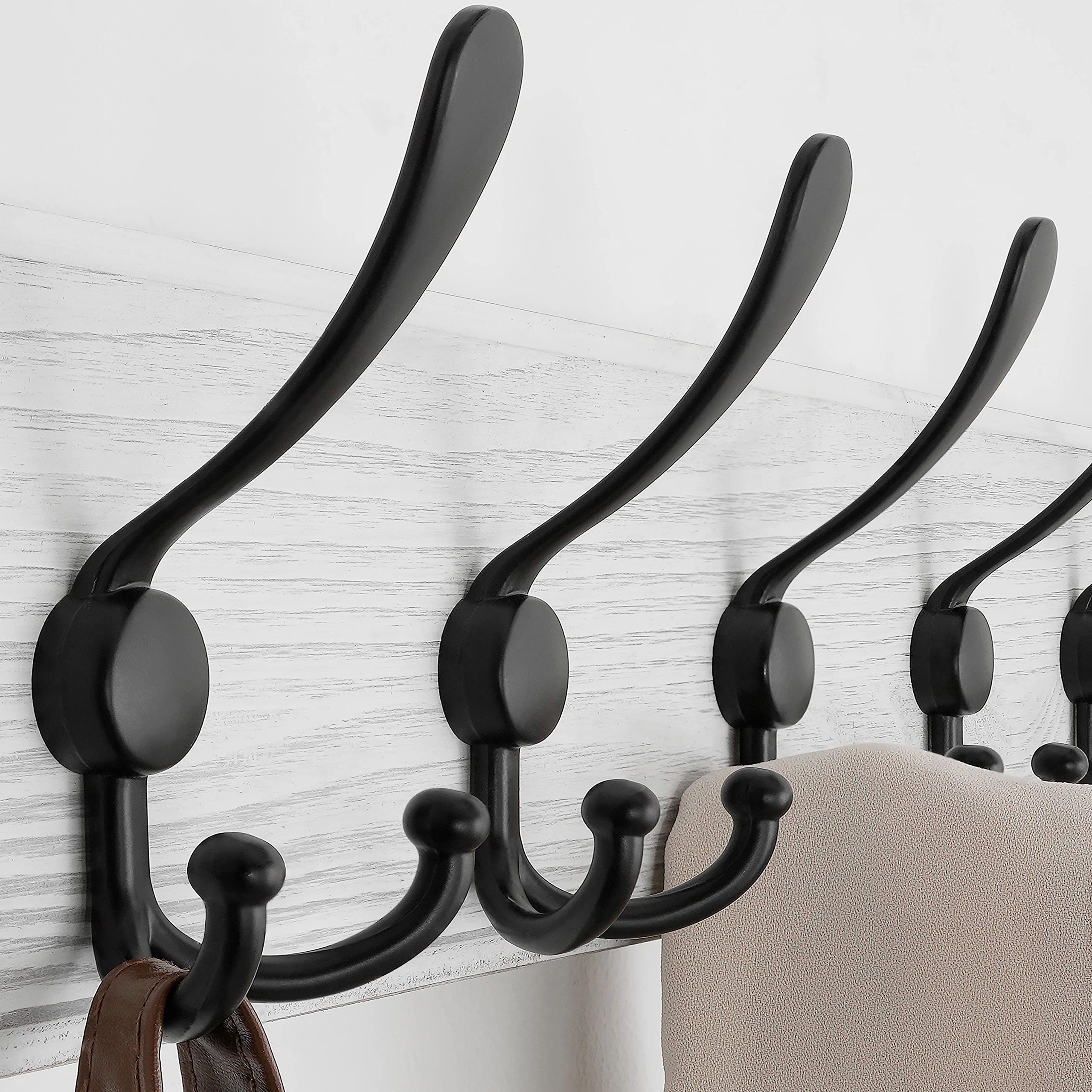 SKOLOO 38.3'' Wall Mounted Coat Rack - Heavy Duty Rustic Wooden Coat Hooks with 10 Triple Hooks for Jackets, Hats & Clothes Storage (Weathered White) - Perfect for Entryway, Mudroom & Bedroom Organization