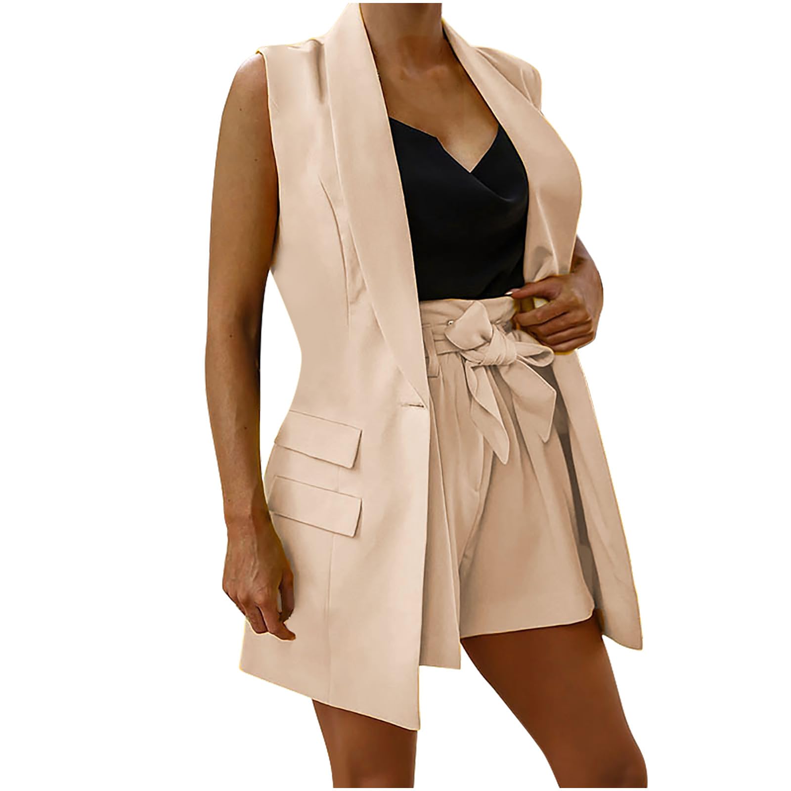 Women's Business Casual 2-Piece Outfits - Sleeveless Open Front Vest Blazer with High Waisted Shorts Matching Set for Office Work, Summer Outfits & Professional Wear