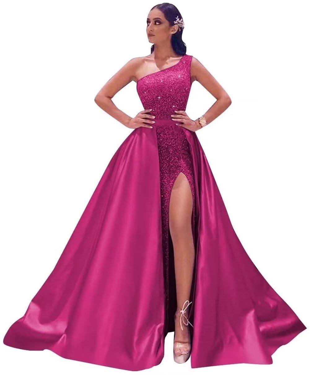One Shoulder Sequin Prom Dresses for Women - Sparkly Formal Evening Gown with High Slit | Satin Long Gown for Homecoming, Pageant, Cocktail Party & Special Occasions
