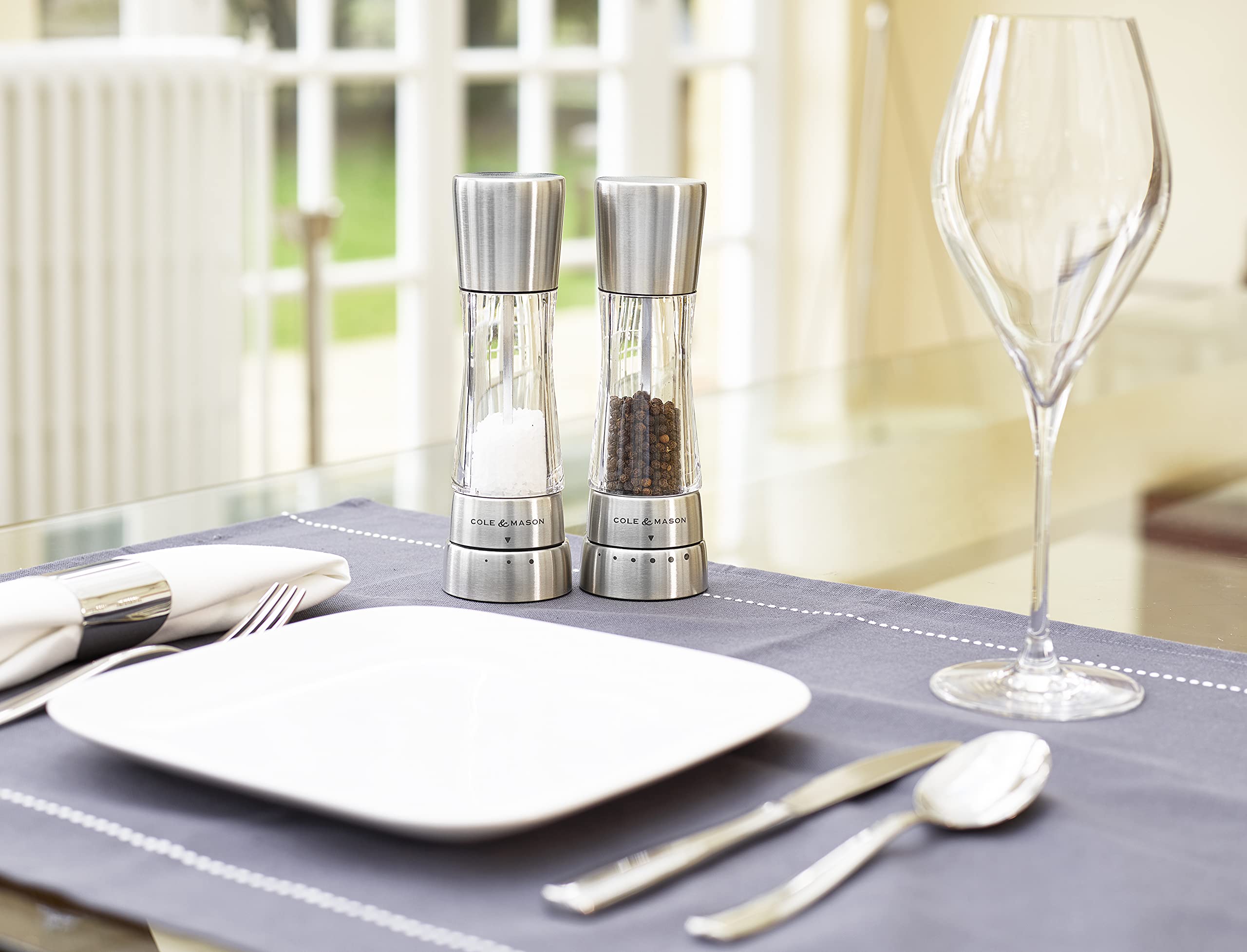Cole & Mason Derwent Adjustable Salt Grinder - Premium Stainless Steel & Acrylic Design with Ceramic Precision Mechanism (190mm) - Perfect for Gourmet Cooking, Kitchen Countertops & Dinner Table Seasoning