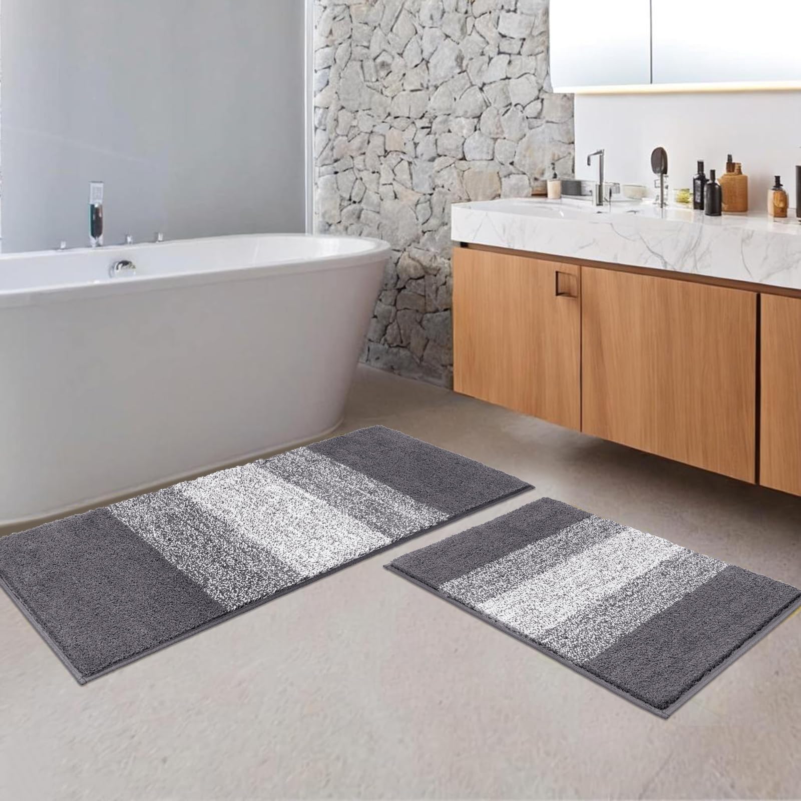 Luxury Soft Bathroom Rugs Set of 2 - Non-Slip Washable Plush Bath Mats, Super Absorbent Microfiber Shaggy Striped Carpet for Tub, Shower & Bathroom (18