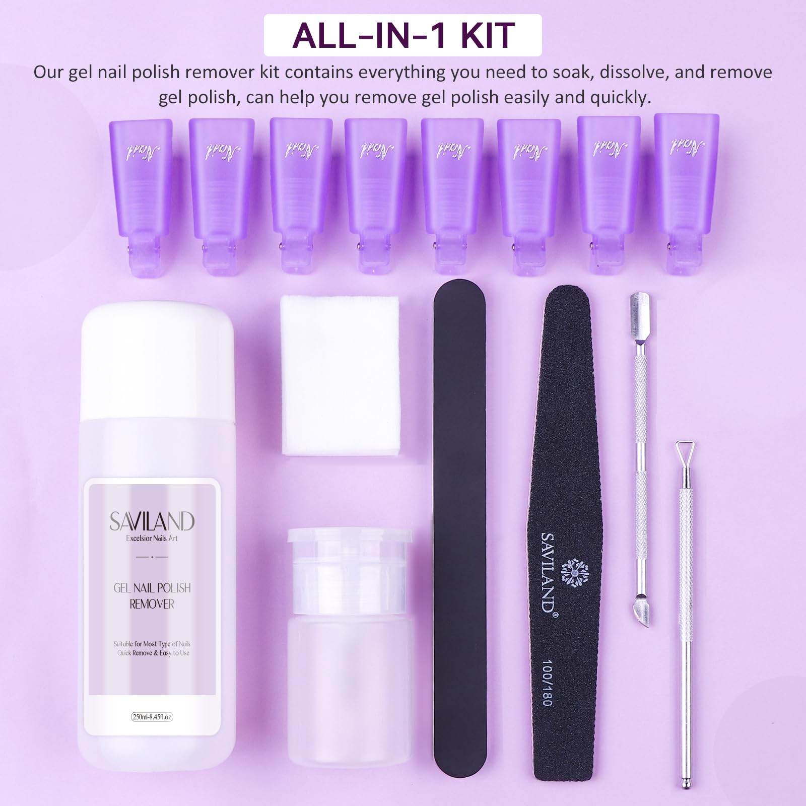 Acetone-Free Nail Polish Remover Kit - 250ml Gentle Solution with Nail Tools & Cotton Pads for Gel, Acrylic & Regular Polish | Safe Nail Care for Professional Salon, Home Manicure, DIY Nails, Spa Days & Travel Essentials