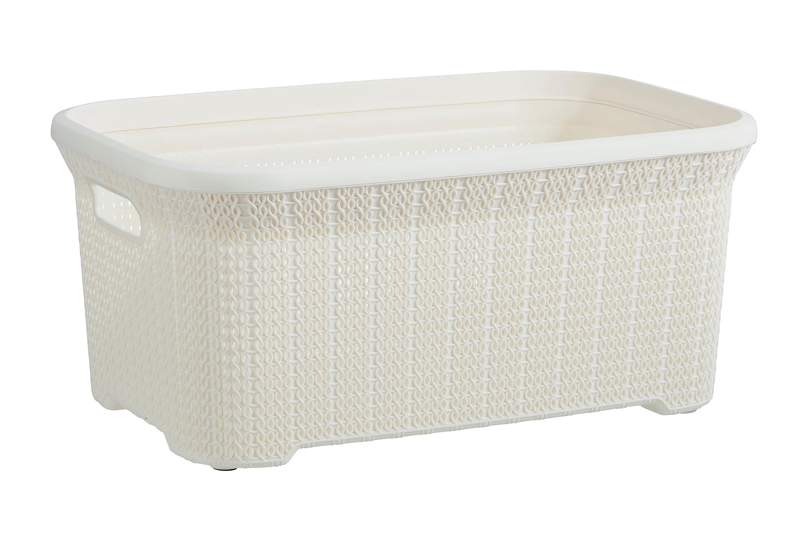 Plastic Laundry Basket with Cut-Out Handles - 40L Small Storage Hamper for Clothes Organization | Space-Saving Cream Knit Design for Laundry Room, Bedroom & Bathroom | Perfect for College Dorms, Apartments and Small Spaces
