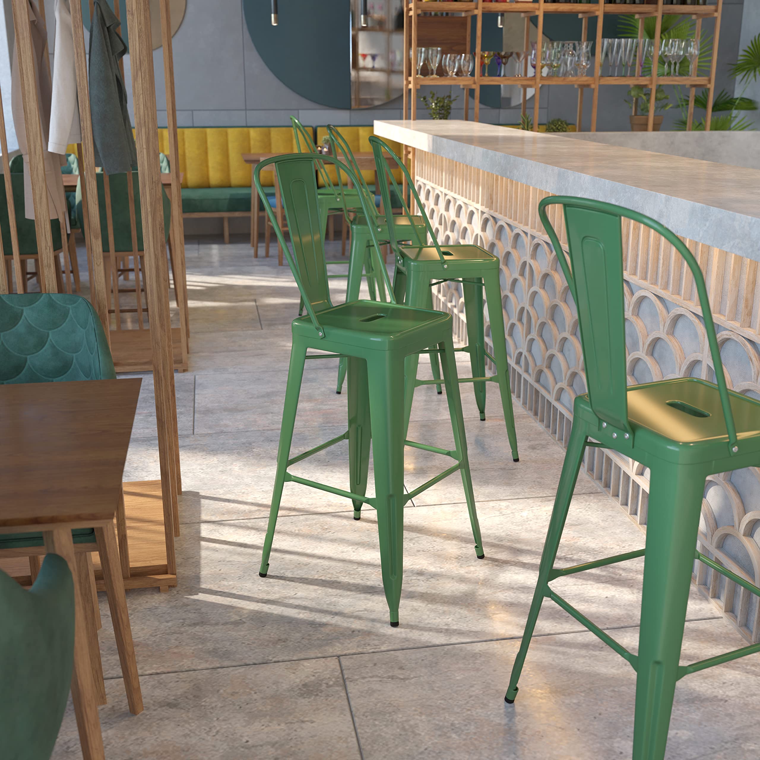 EMMA + OLIVER 30 Inch Commercial Grade Green Metal Bar Stool with Back - Indoor Outdoor Use for Kitchen, Bar, Patio & Restaurant Seating