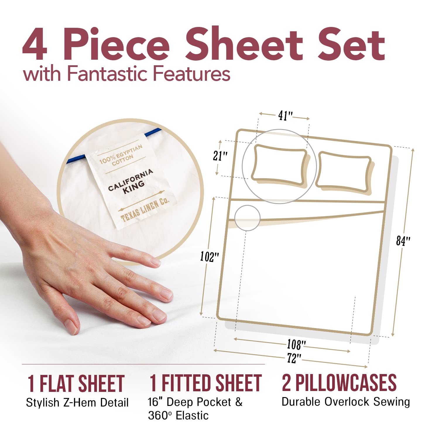 Luxury 800 Thread Count Egyptian Cotton California King Bed Sheets Set - 4 PC Taupe Sateen Weave Deep Pocket Hotel Quality Sheets for Cooling Comfort | Perfect for Master Bedrooms & Guest Rooms