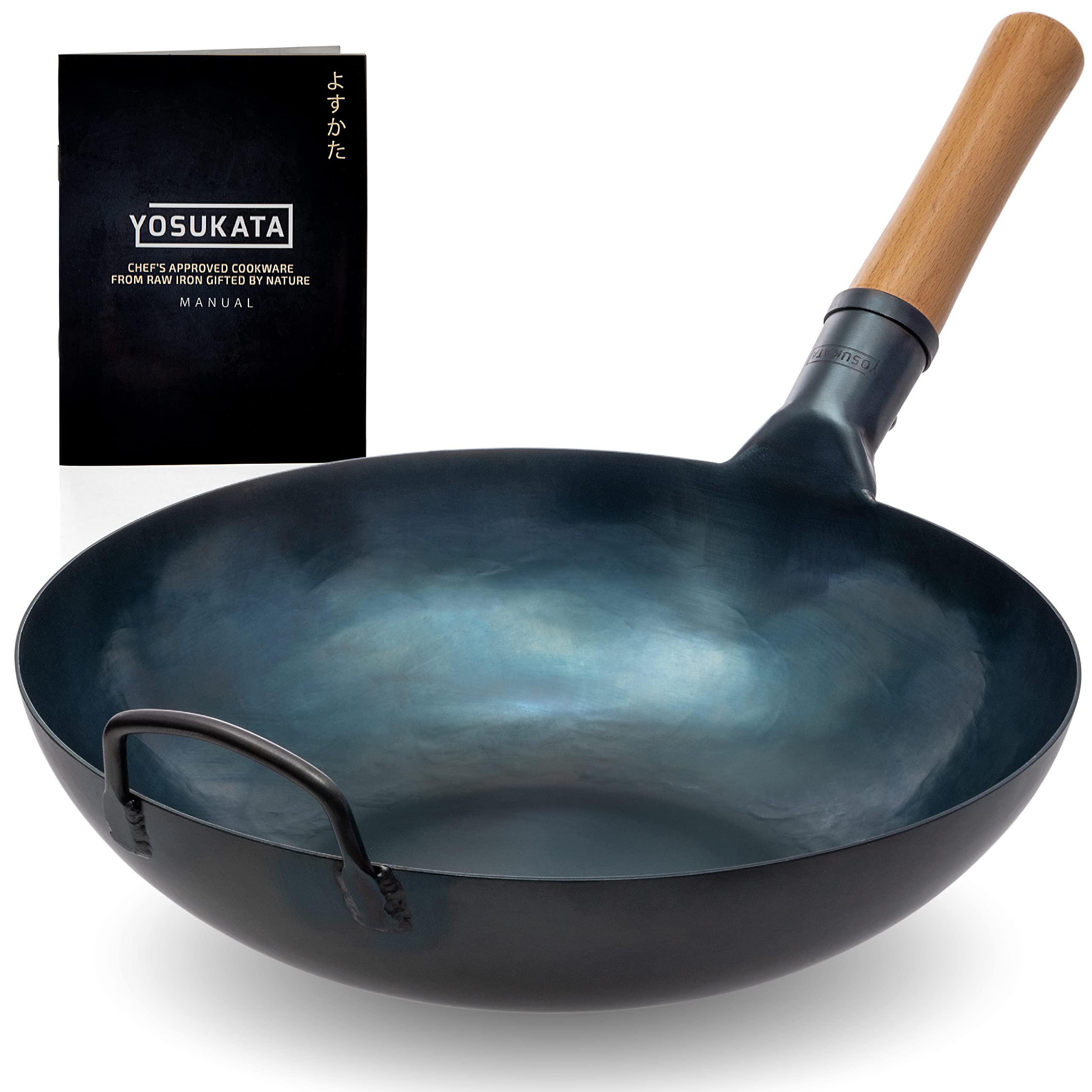 YOSUKATA 13.5 Inch Blue Carbon Steel Wok Pan - Pre-Seasoned Flat Bottom Skillet for Induction Cooktops - Traditional Japanese Stir Fry Pan - Perfect for Home Cooking, Asian Cuisine & Professional Kitchens