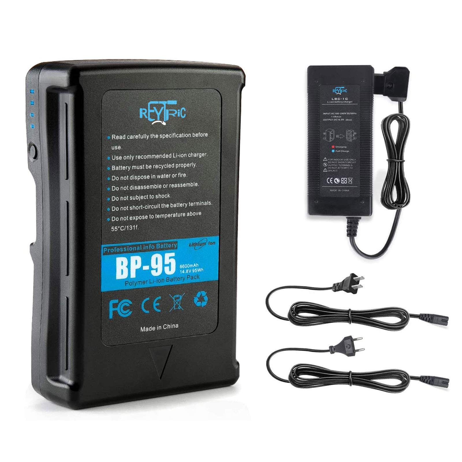 REYTRIC 95Wh (6600mAh) V Mount V-Lock Battery with D-Tap Output, Charger & Cable - Compatible with DSLR Cameras, Camcorders, LED Lights & Broadcast Equipment - Perfect for Film Production, Photography & Studio Lighting