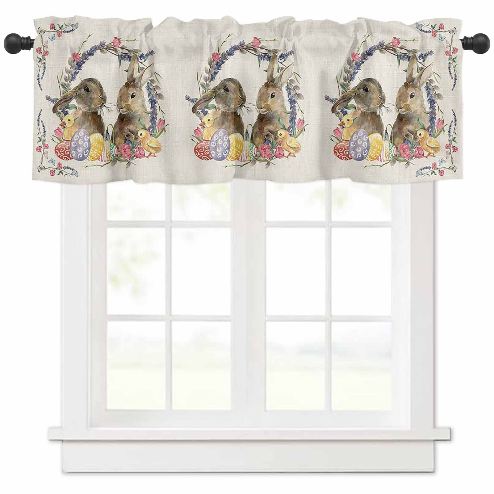 Easter Bunny Kitchen Window Valances - Vintage Spring Wreath & Eggs Design, 54x18 Inch Rod Pocket Tier Curtain Toppers for Home Decor | Perfect for Easter Kitchen, Dining Room, and Farmhouse Window Treatments