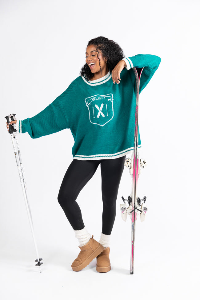Green and Ivory Embroidered Ski Club Sweater - Cozy Winter Pullover for Skiing & Après-Ski | Final Sale