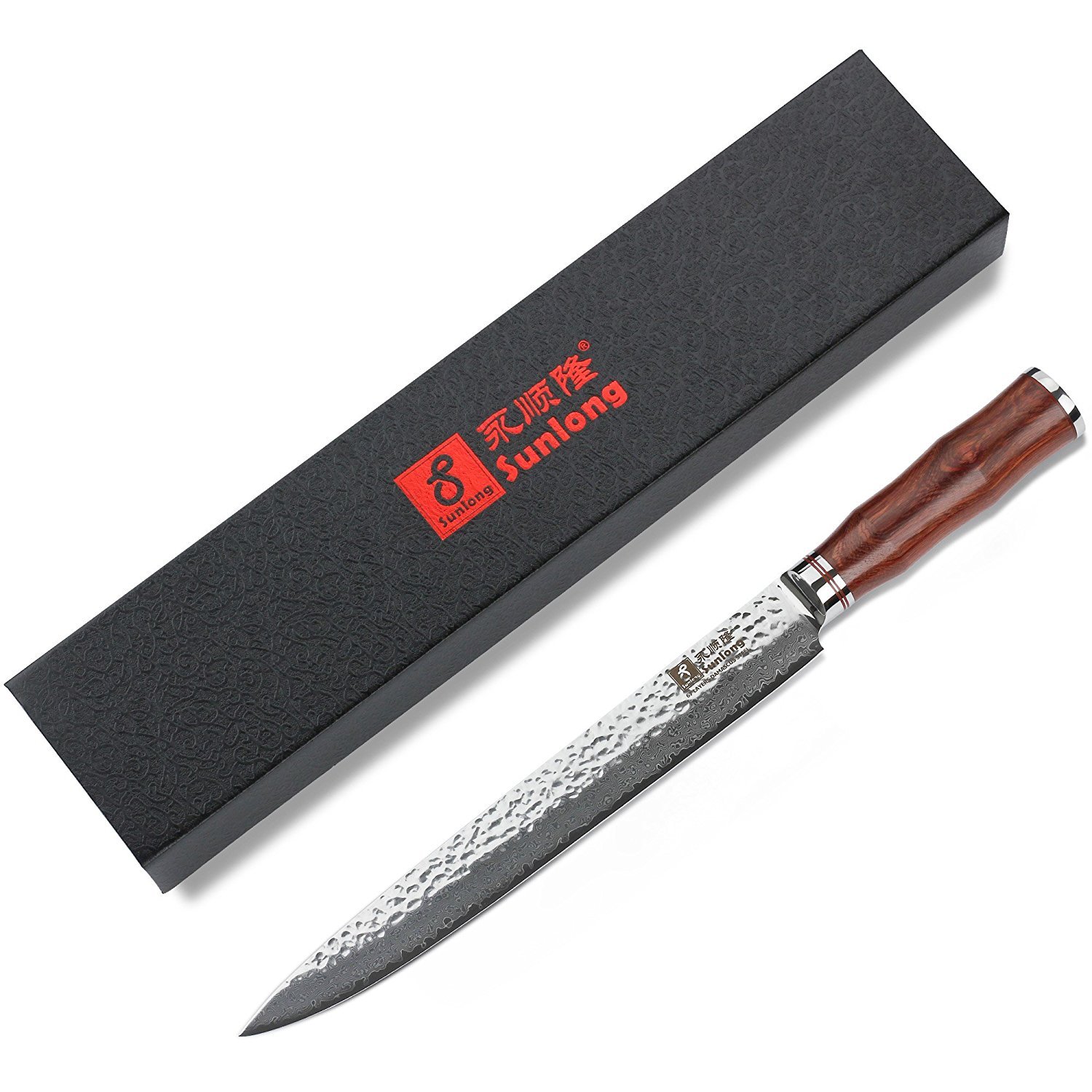 Premium 10 Inch Japanese Damascus Steel Carving Knife - Hammered Blade with Natural Bloodwood Handle - Professional Slicing Knife for BBQ, Roast Beef, Turkey & Holiday Meals - Ideal for Chefs & Home Cooks