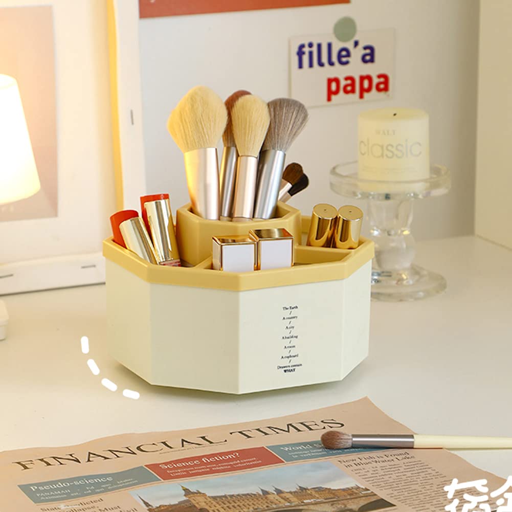 360° Rotating Desk Organizer - 5-Compartment Multi-Functional Pen Holder & Office Supply Storage Box, White & Yellow | Perfect for Home Office, School, Art Studio & Workspace Organization