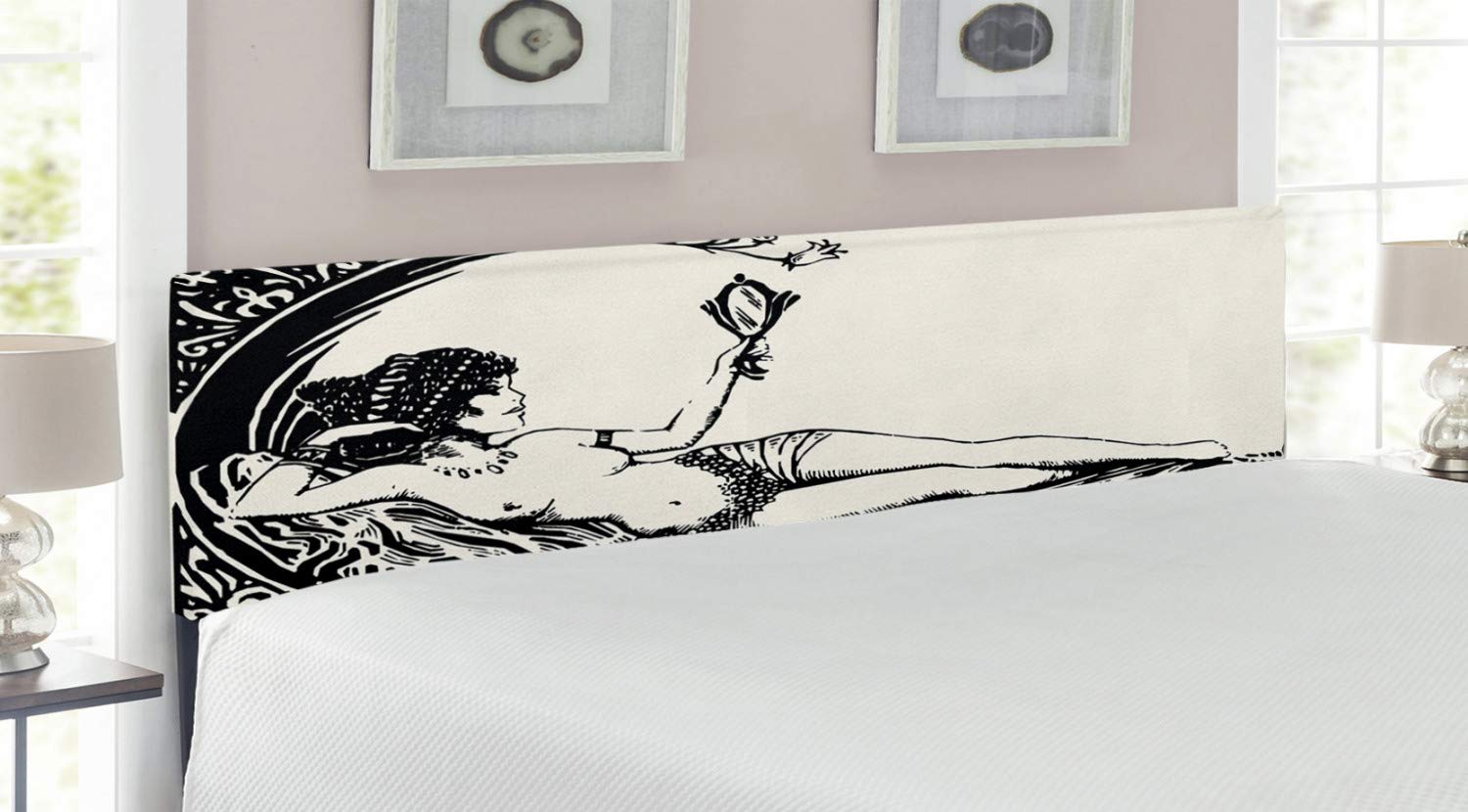 Vintage Roman Woman Mirror Sketch Upholstered Metal Headboard with Memory Foam - King Size Cream Black Bed Frame for Classic Bedroom Decor | Perfect for Master Bedrooms, Guest Rooms & Luxury Hotel Suites
