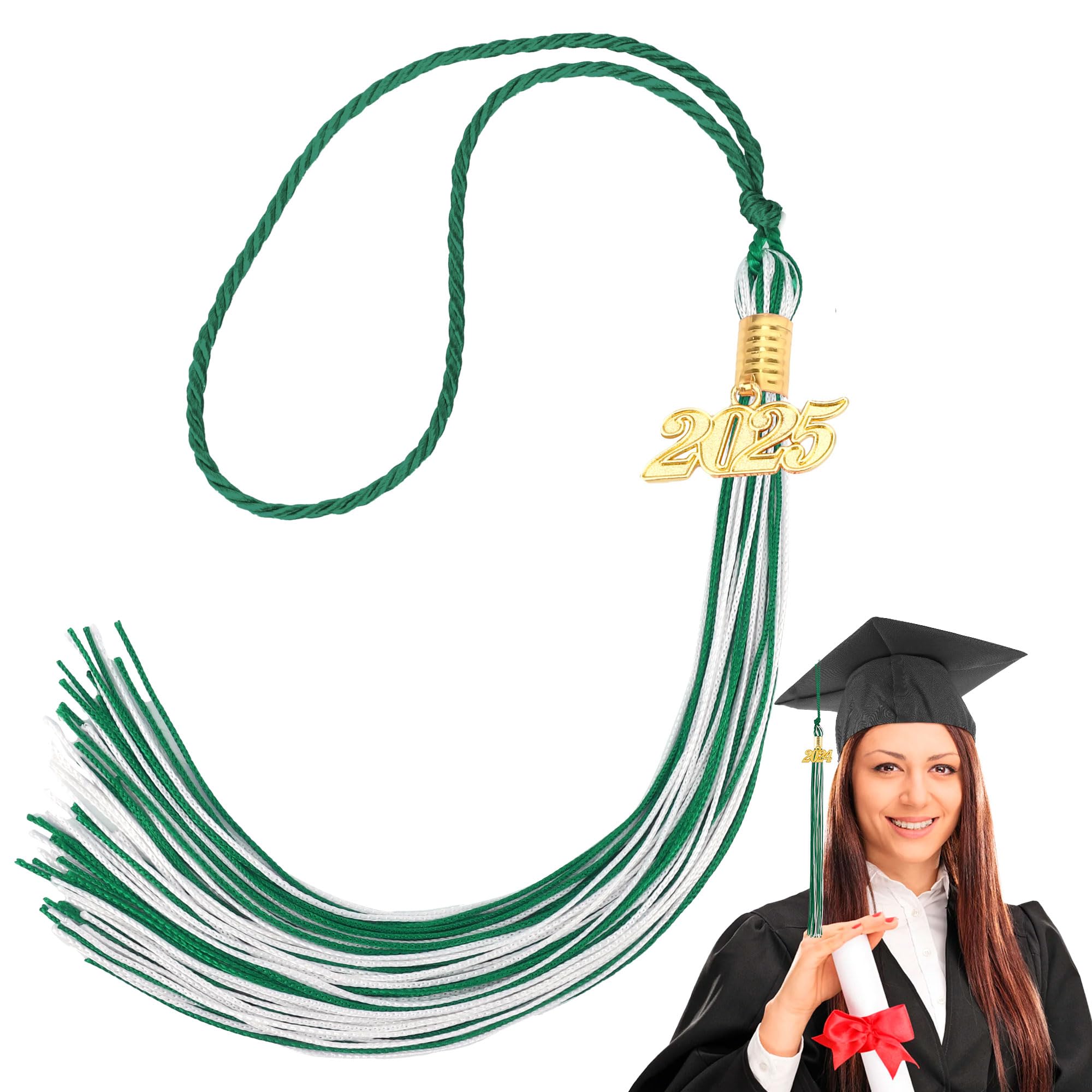 2025 Graduation Tassel with Gold Charm - White & Green Tassel Accessories for Graduation Cap Decor, Ceremony & Gifts - Perfect for High School, College Commencement & Graduation Parties