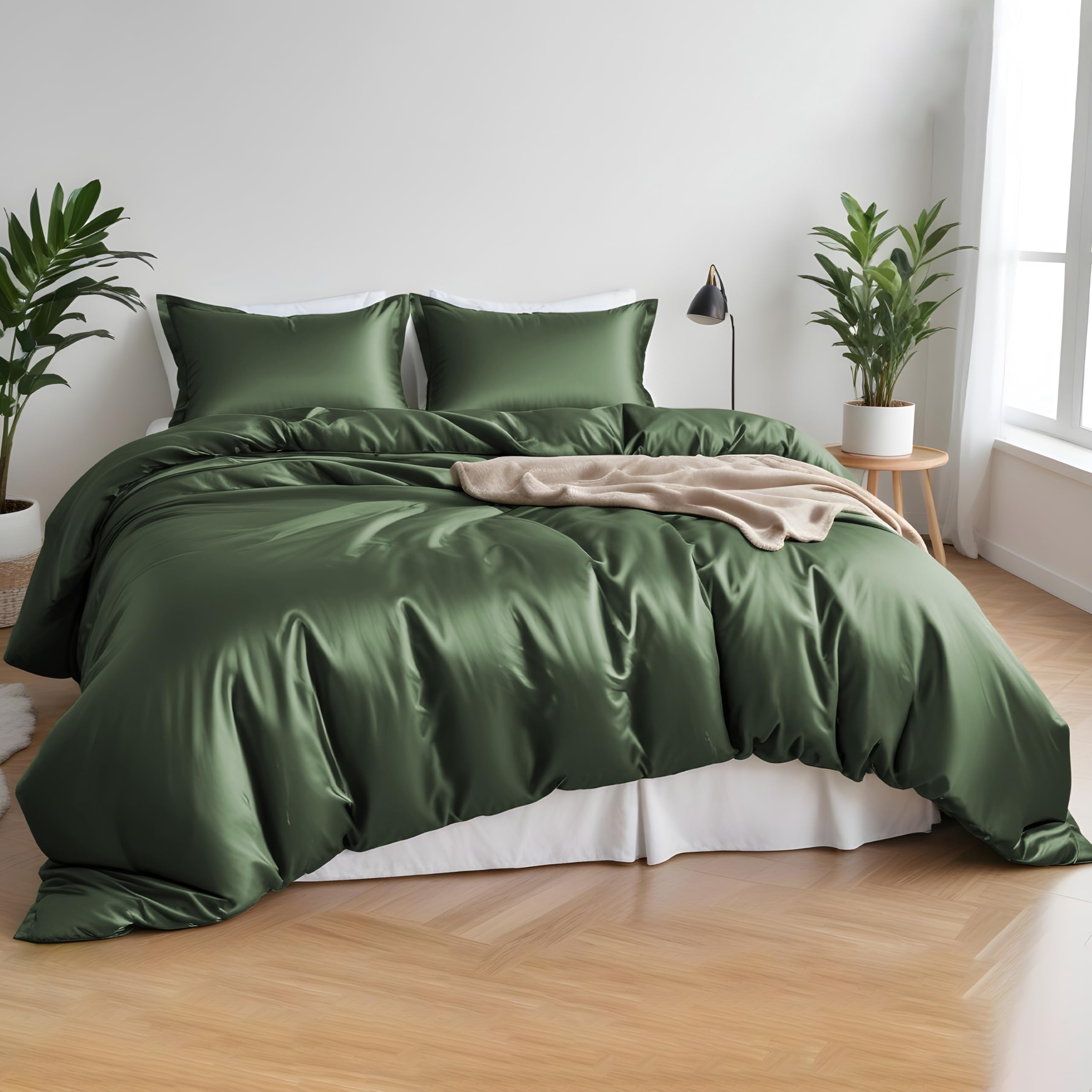 Linenwalas King Size Duvet Cover Set - Soft & Breathable Bamboo Viscose, Lightweight Cooling Comforter Cover with Zipper Closure & Corner Ties, Includes Fitted Sheet (Avocado Green) - Perfect for Hot Sleepers & Summer Bedding